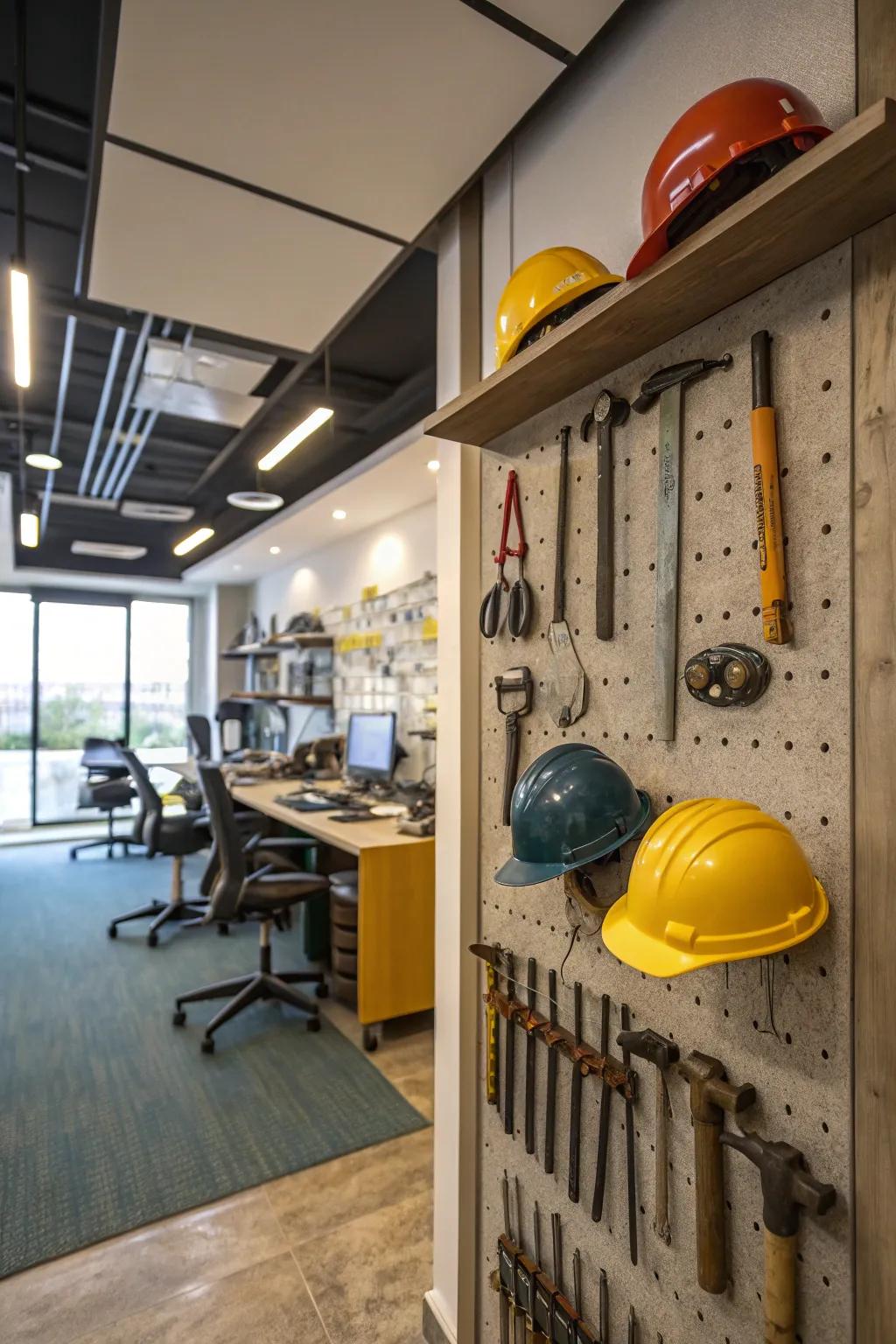 Building tools used as unique decorative elements in an office.