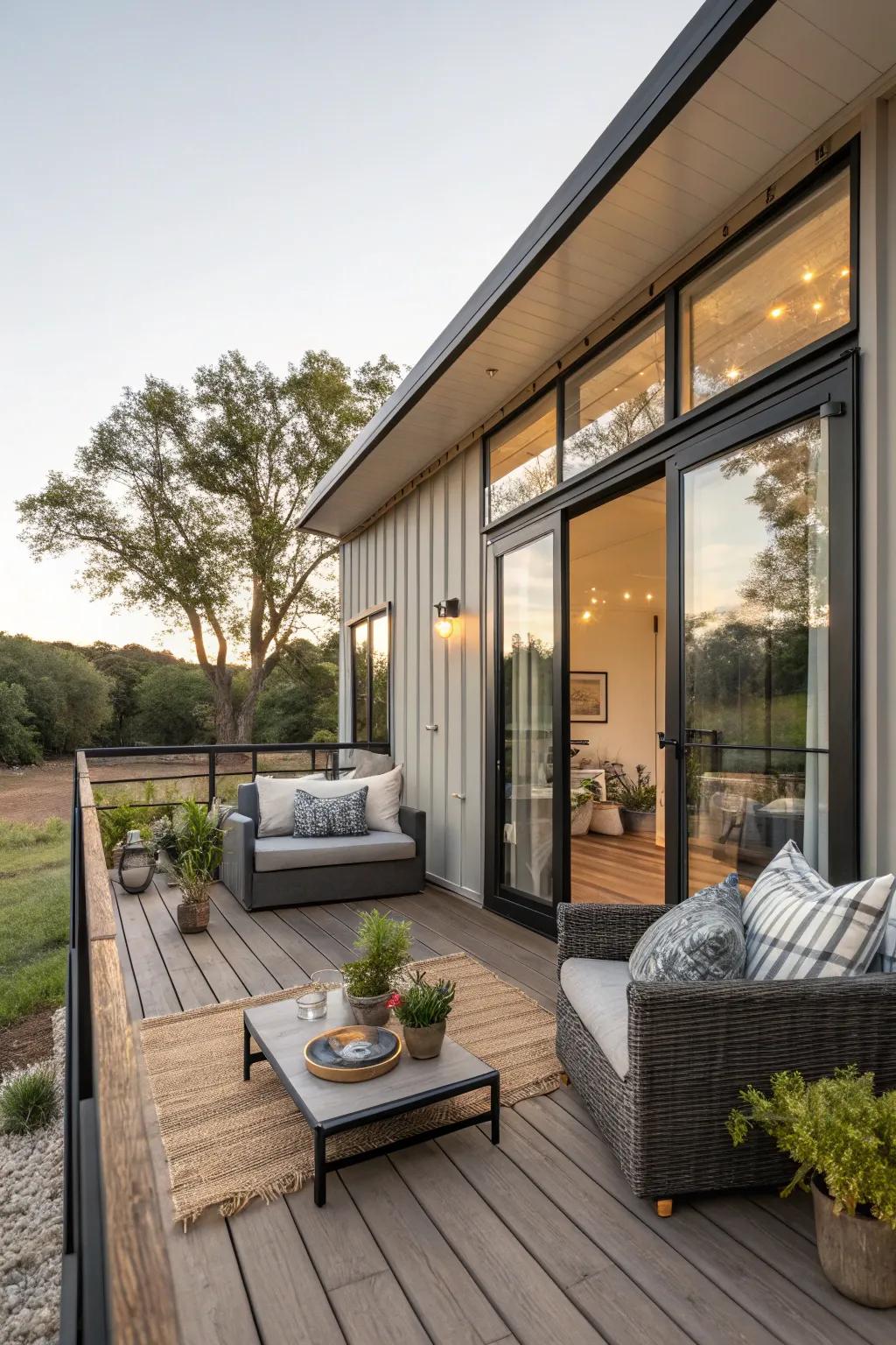 A container home with a cozy and functional outdoor area.