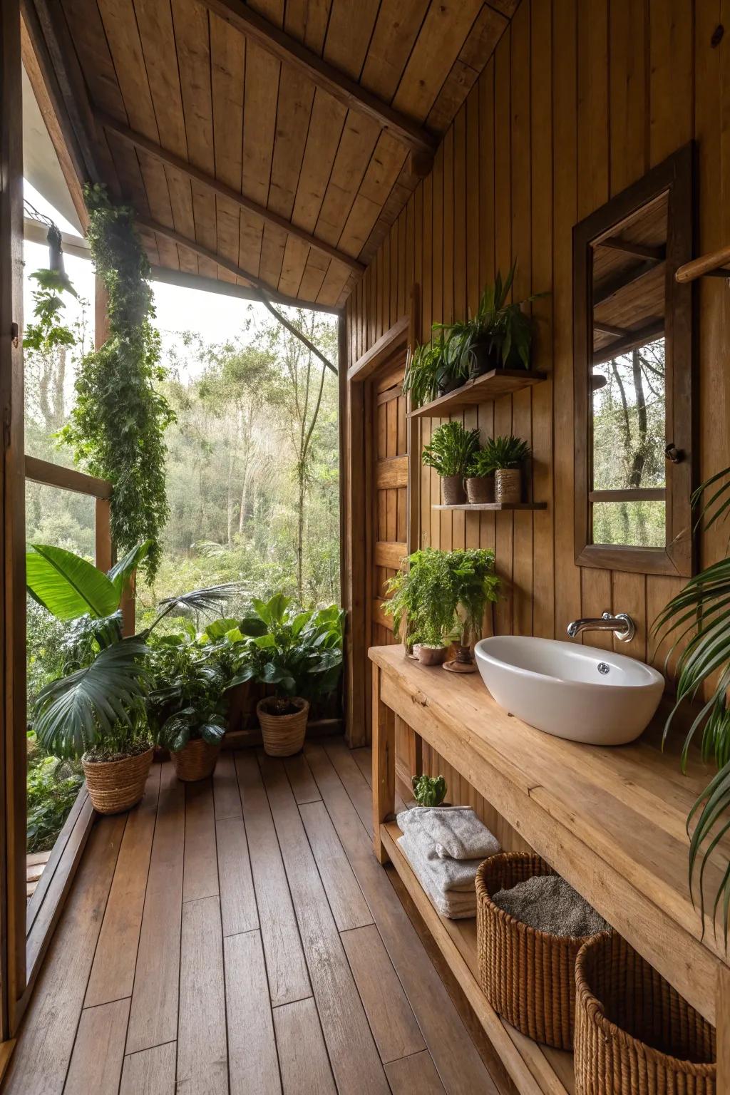 Bathroom featuring natural components like wood and greenery.
