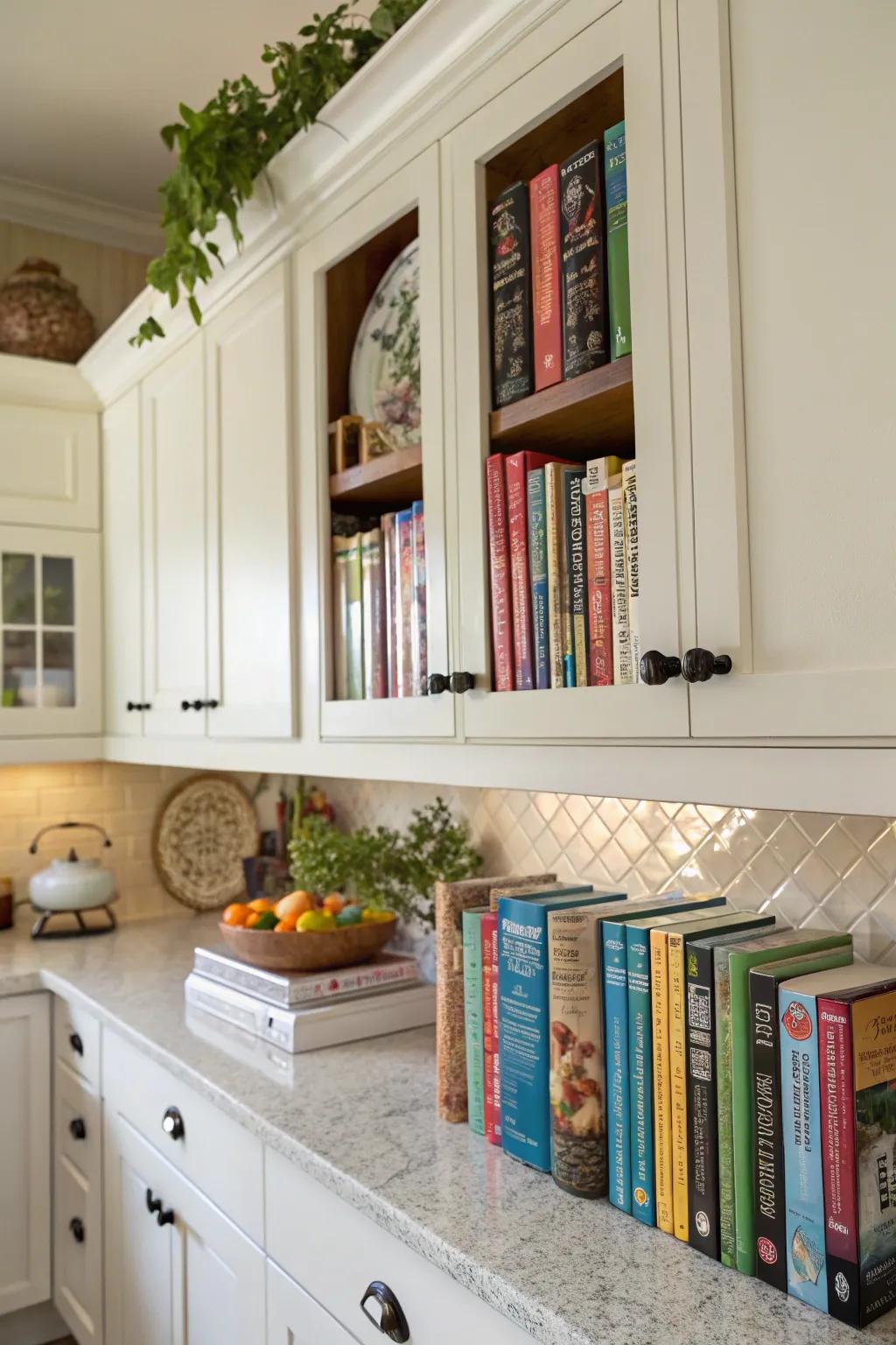 Above-cupboard storing keeps cookbooks available yet out of the way.