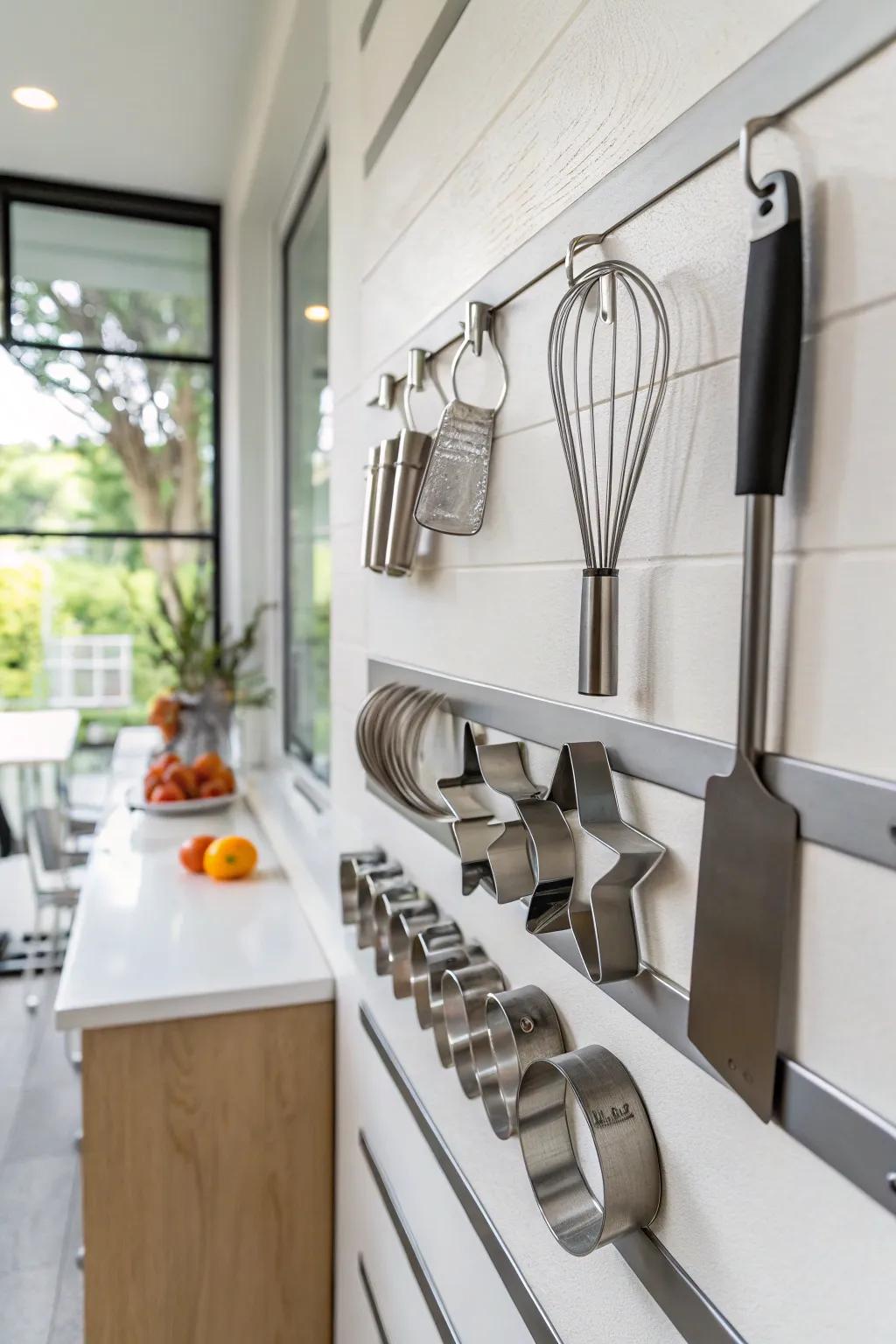 Metallic strips on a culinary wall suspending metallic cookie cutters.