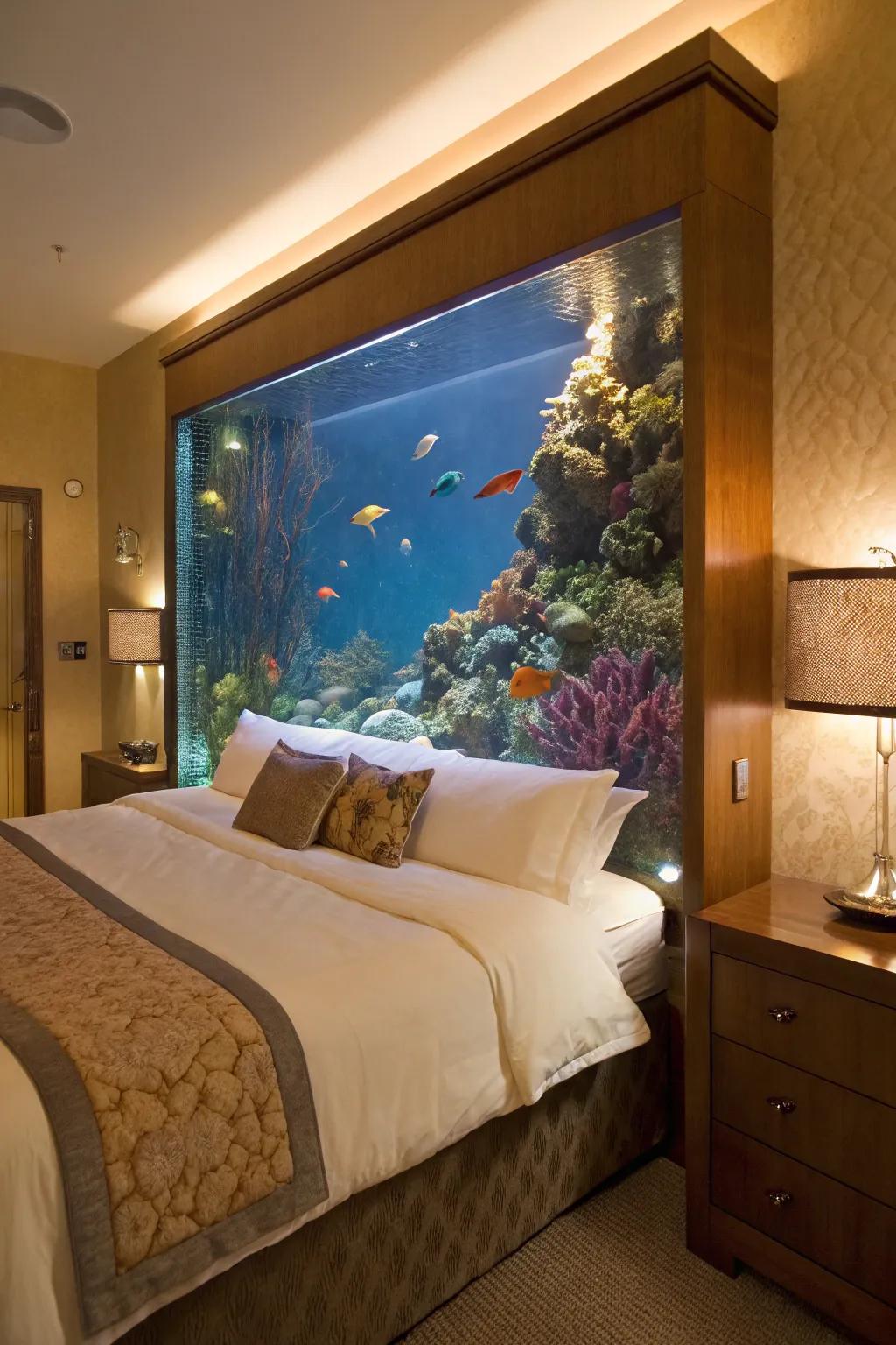 An underwater display headboard provides a tranquil and unique feature for your sleeping quarters.