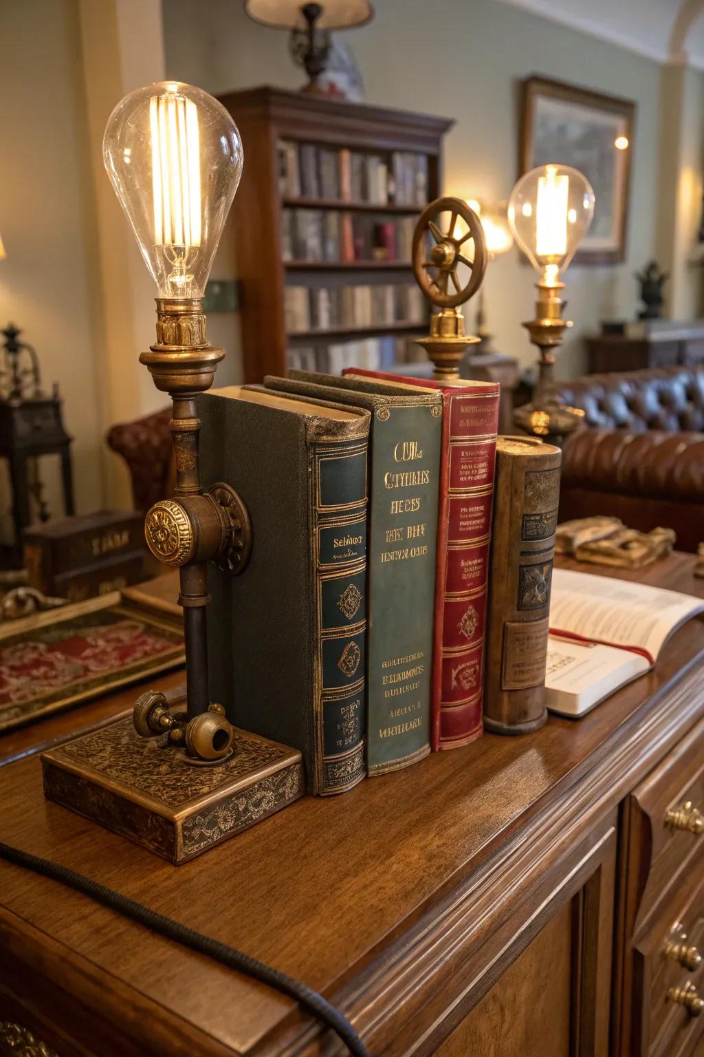 Steampunk lamp bookends for a warm, vintage touch