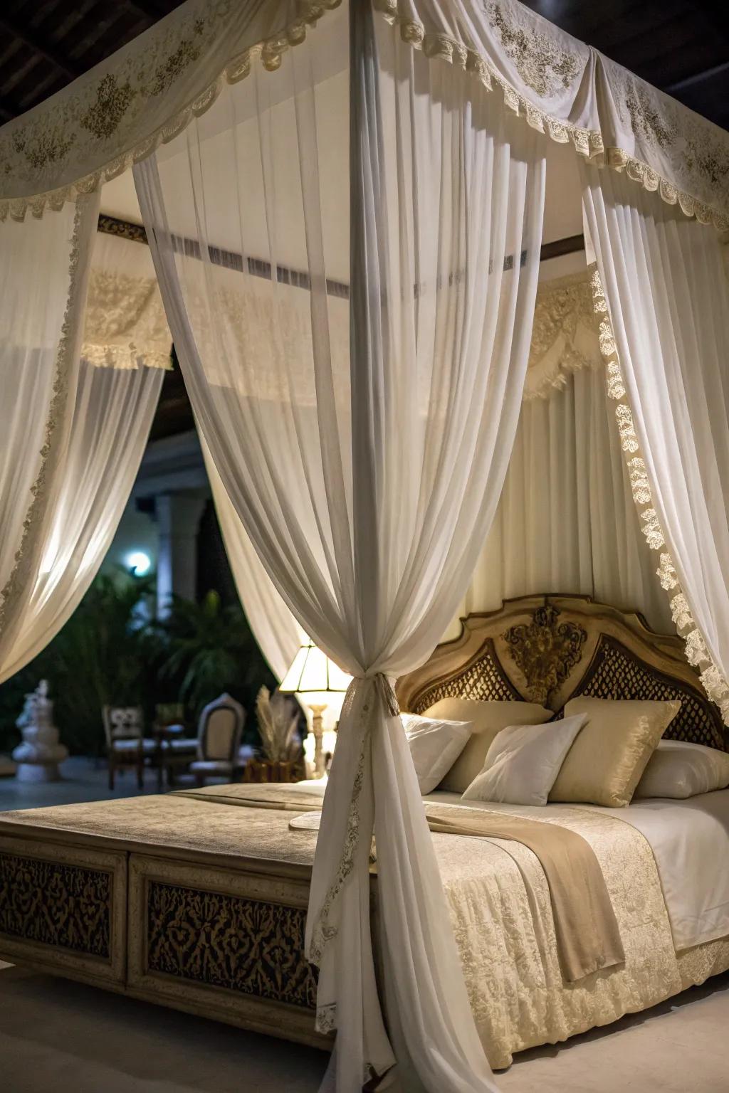 A canopy brings in a touch of splendor and privacy to a corner bed.