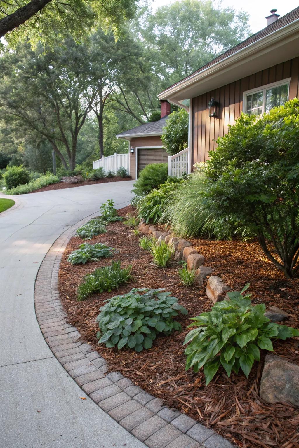 Bark mulch provides moisture retention and aesthetic appeal.