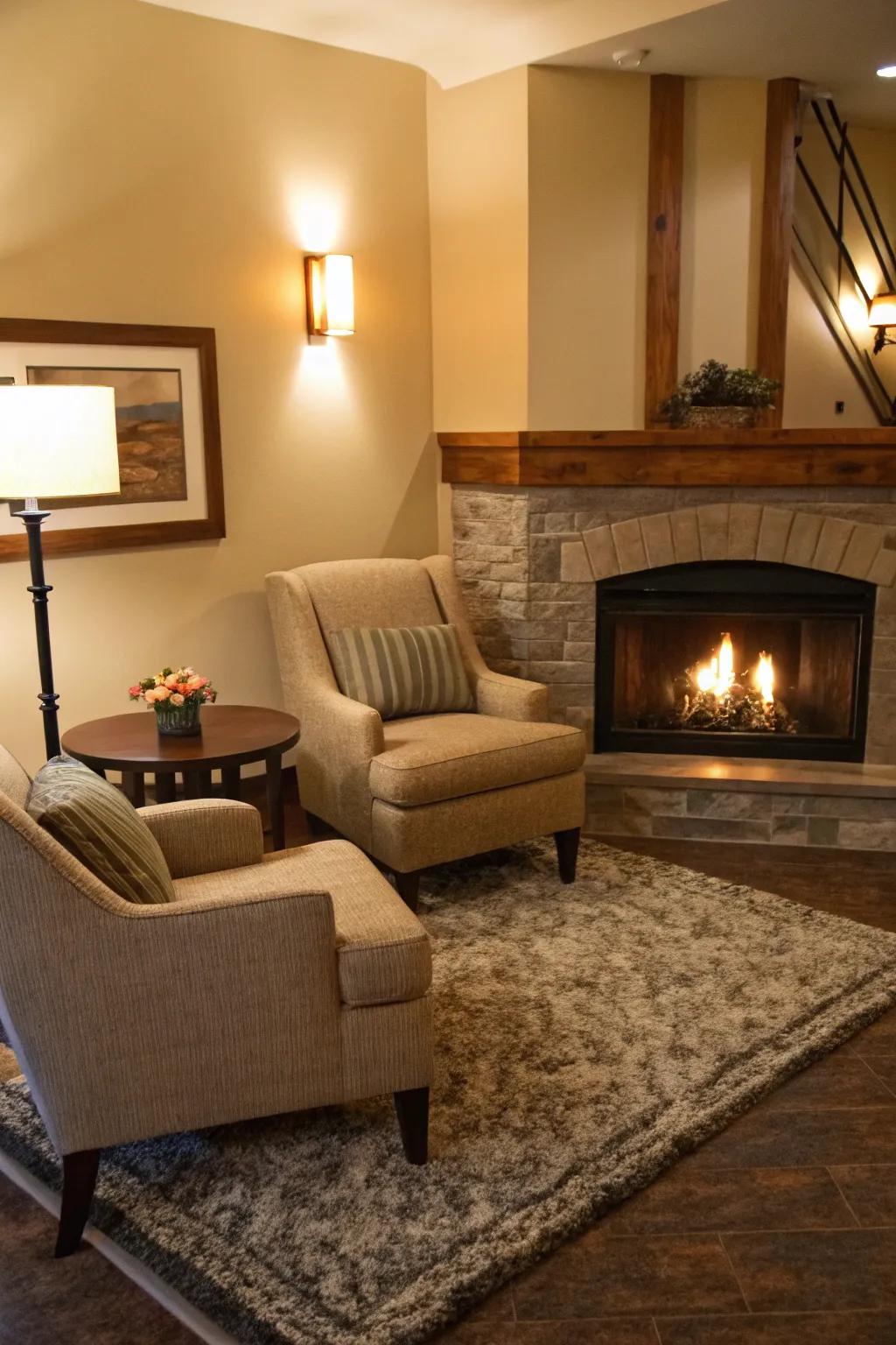 A cozy seating arrangement encircling a corner fireplace.