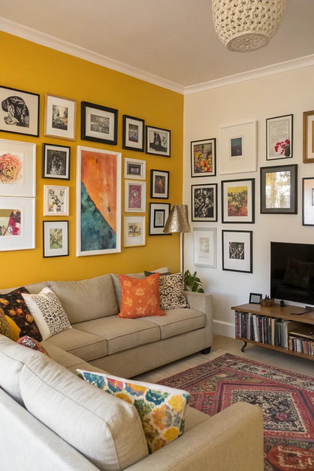 Create a bold statement by featuring a distinct gallery wall in your corner.
