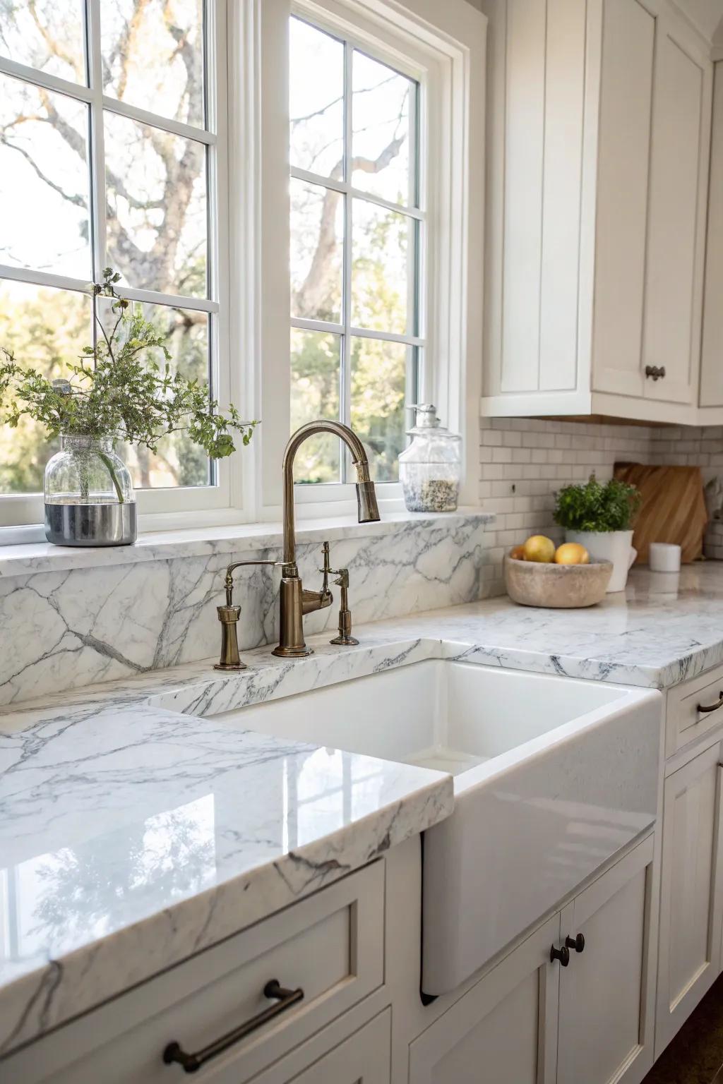 Smooth marble countertops blending perfectly with a corner kitchen sink.