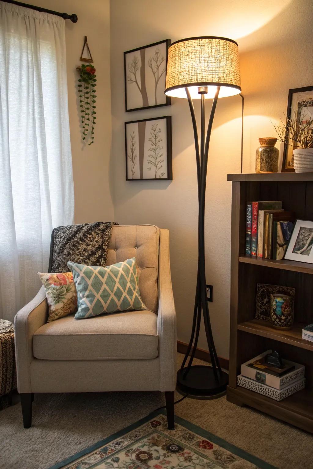 A lamp adds light and style, making the corner a cozy place.