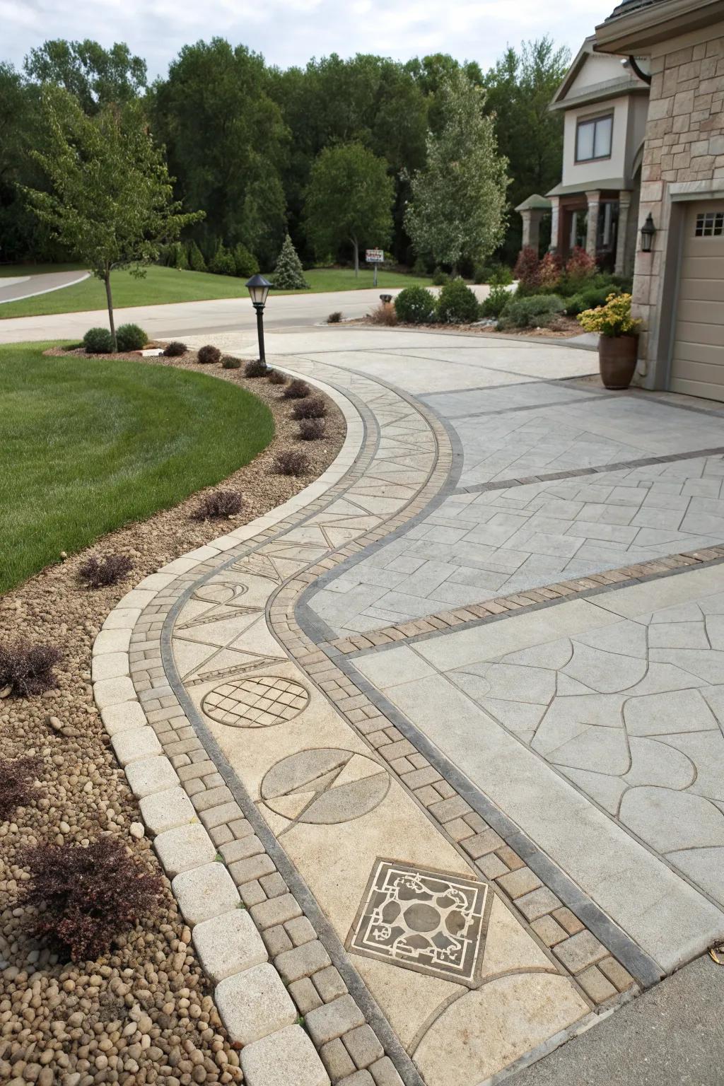 Inventive stone and concrete patterns amplifying driveway allure.