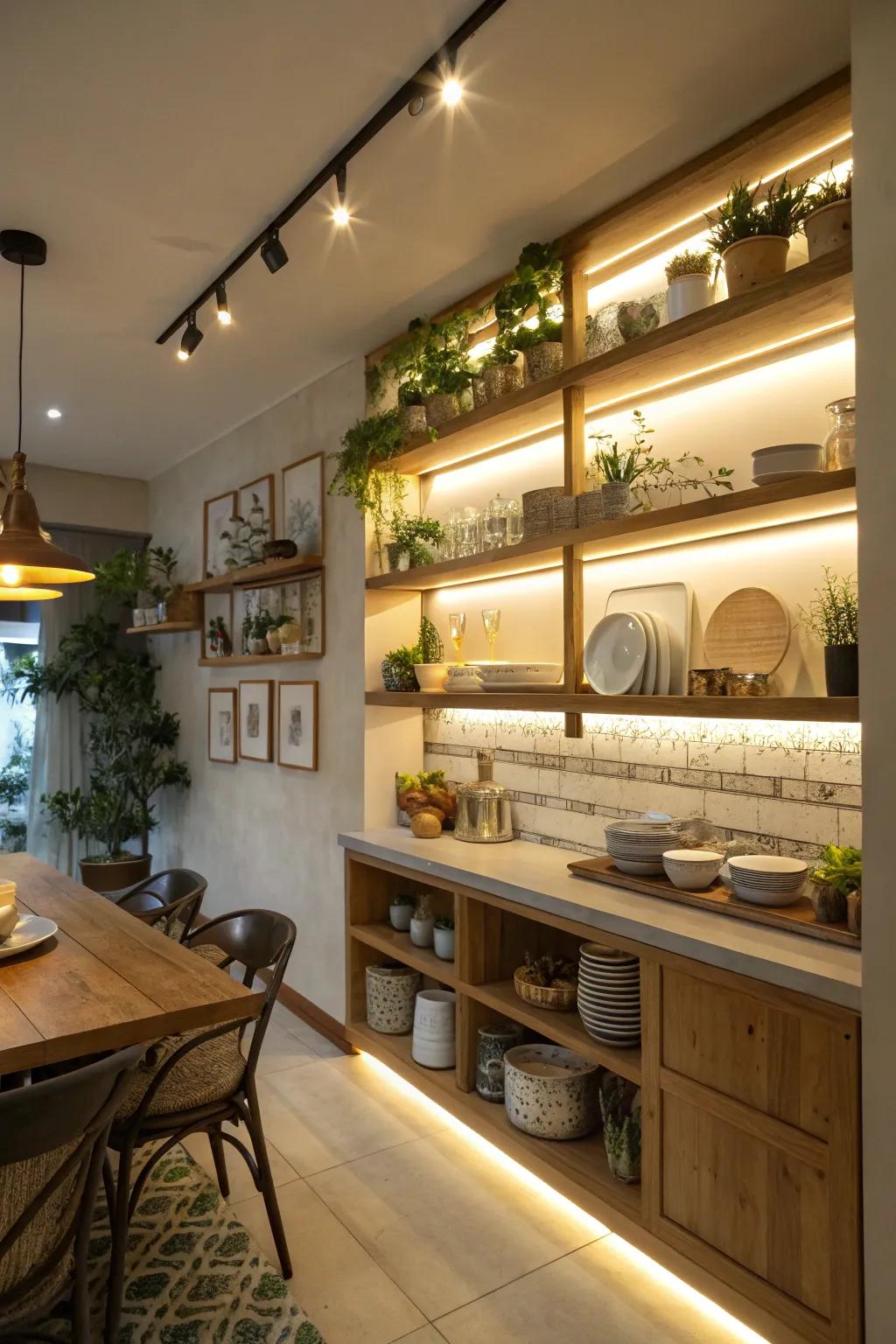 Illumination features beneath surfaces raise the kitchen's atmosphere.