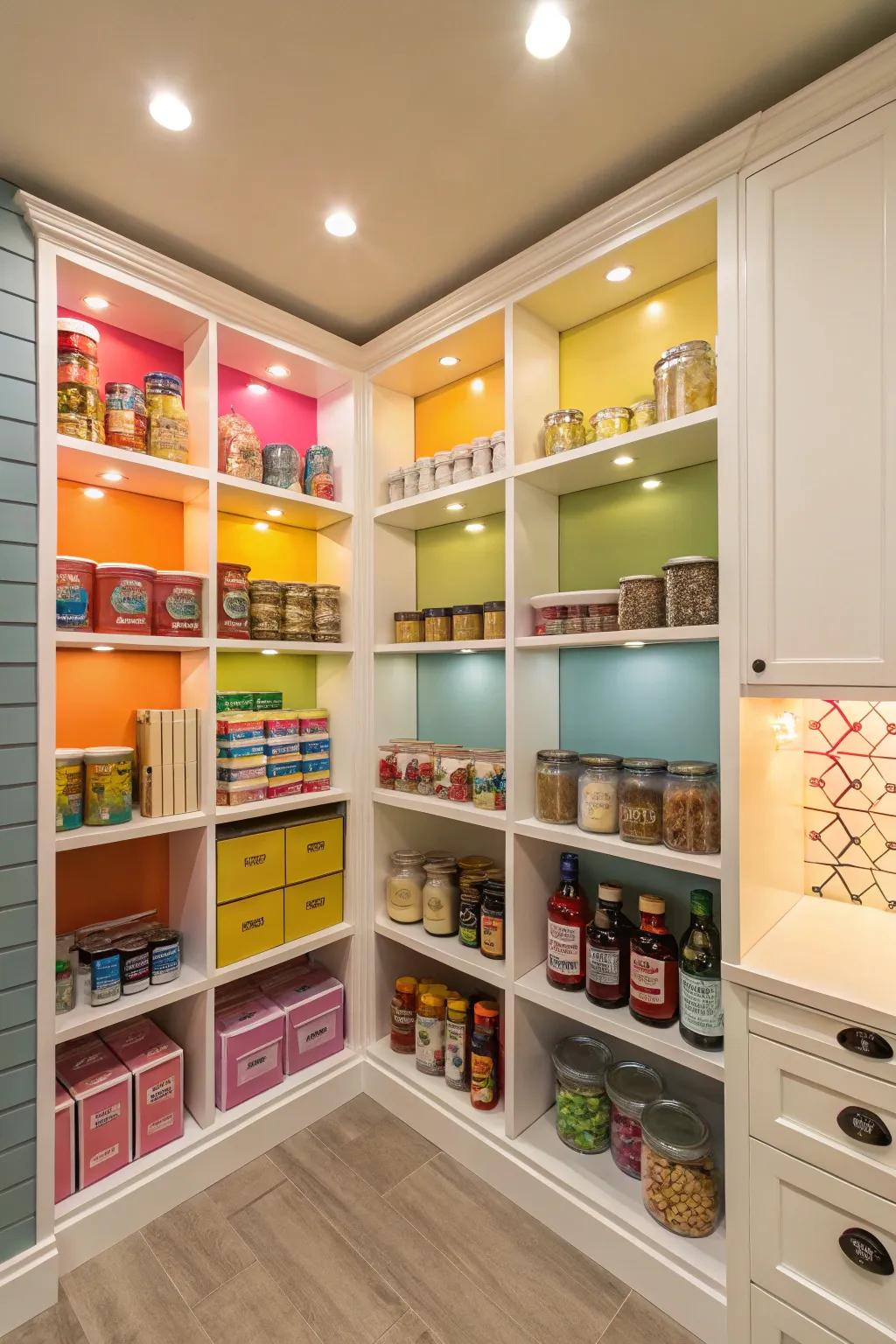 A lively corner pantry featuring decorative elements.