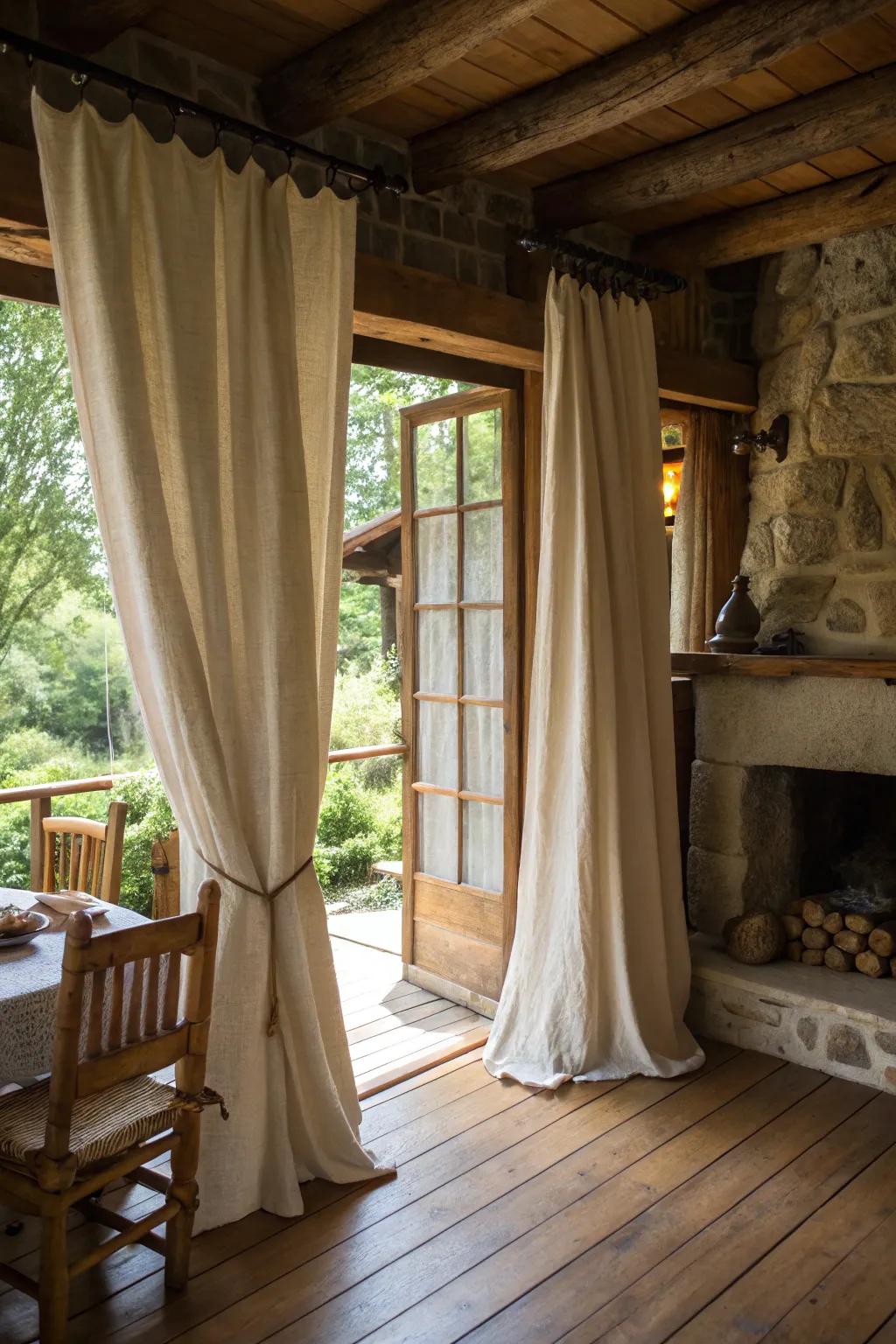 Wooden aspects enhance the rustic appeal of cottage curtains.