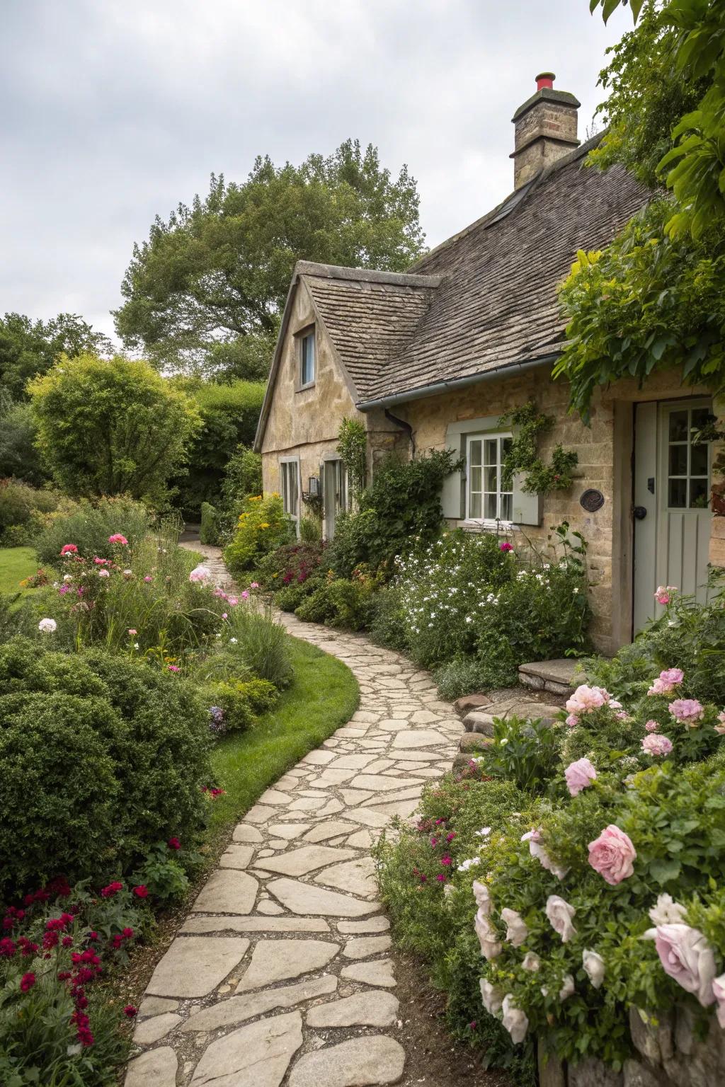Stone-paved routes direct visitors through a captivating garden to the cottage.