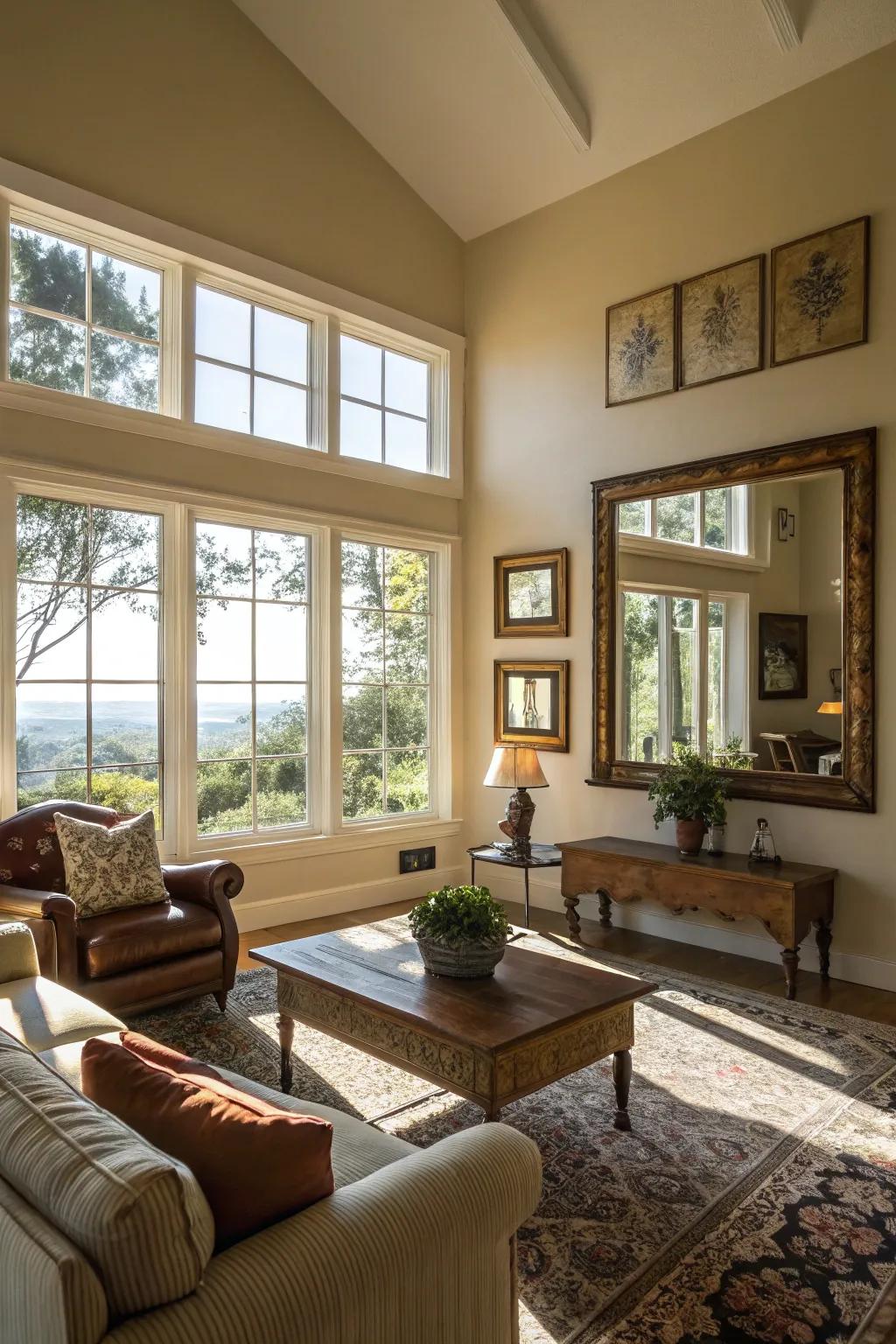 Sunlight fills the living room, creating a cozy atmosphere.