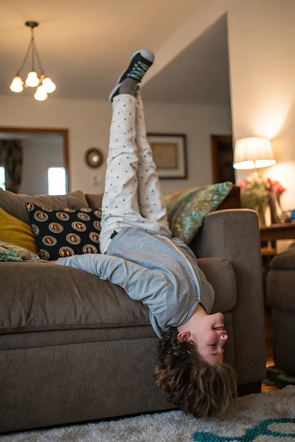 Inverted amusement adds a whimsical twist to your couch pose.