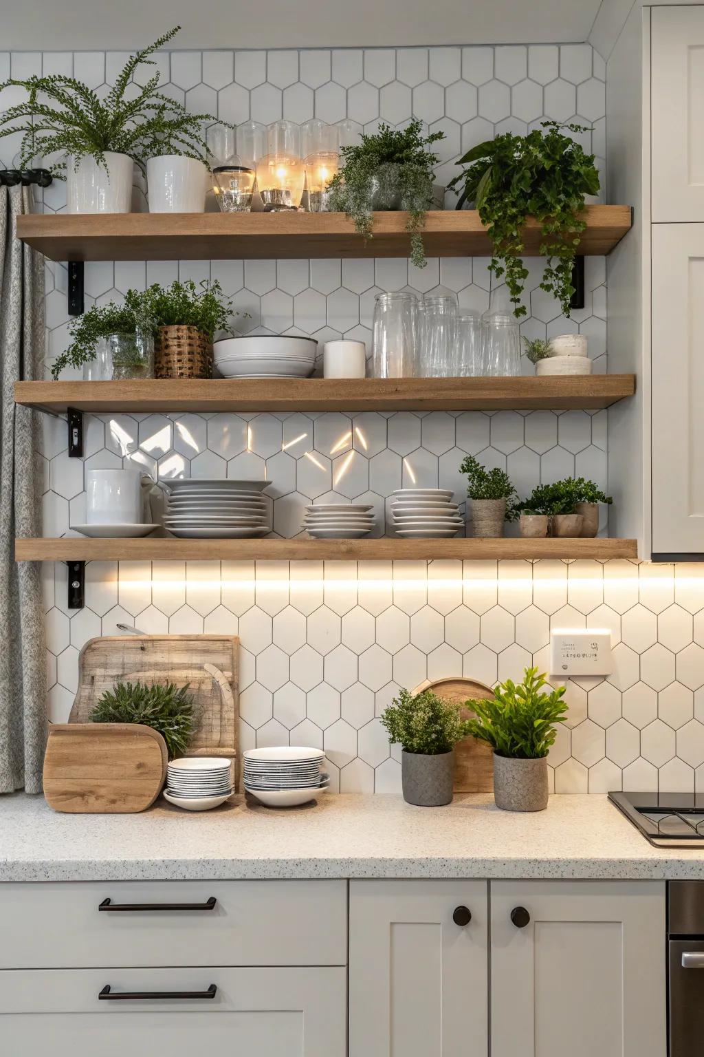 Integrated shelving combines style with functionality in kitchen designs.
