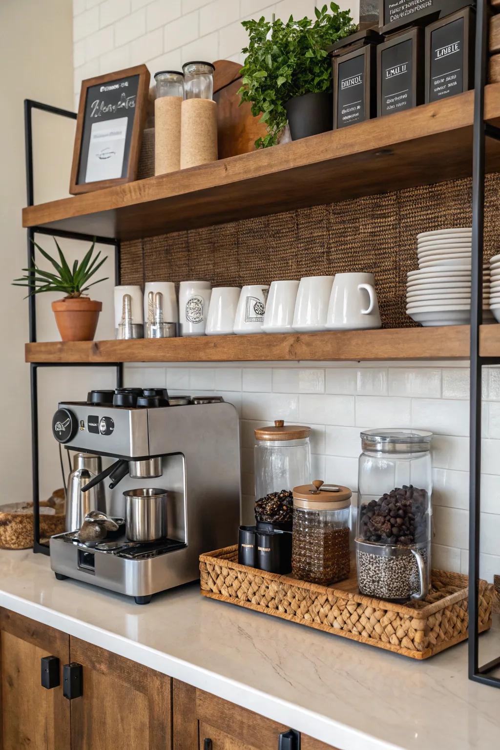 Shelves offer additional storage and display options.