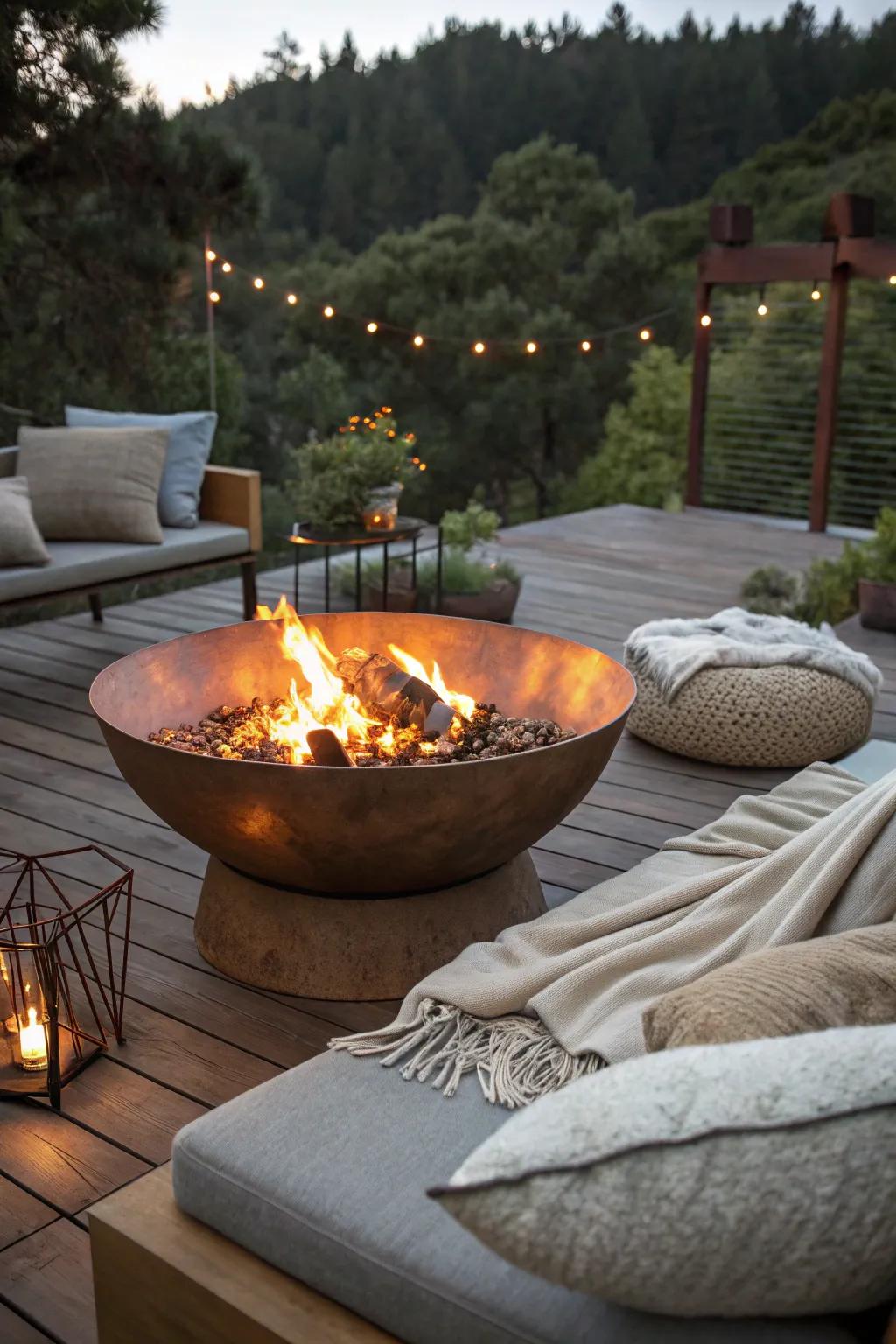 A copper basin fire pit turns into a captivating focal feature in any backyard.