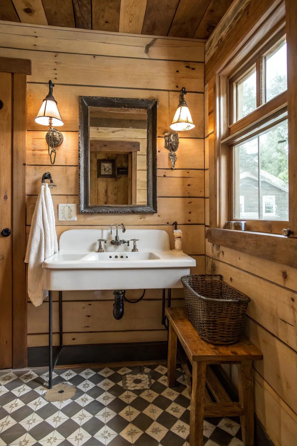 Farmhouse basins and vintage hardware elevate the country charm.