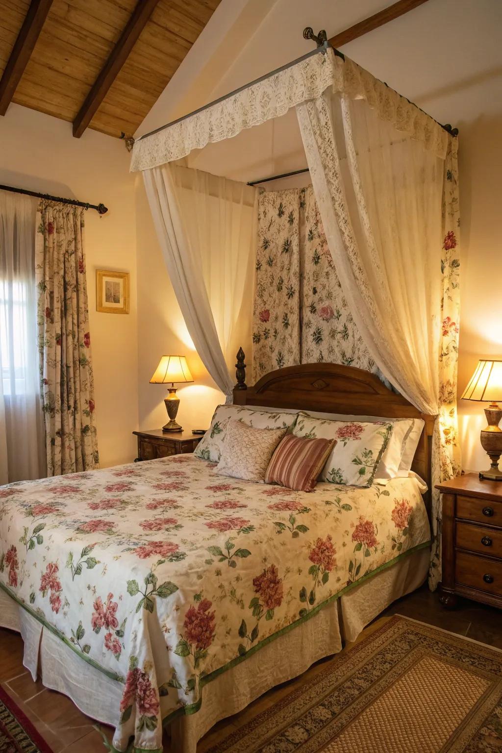 Botanical motifs introduce a hint of the garden into the bedroom.