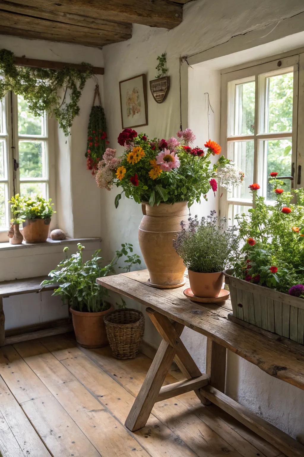 An inviting interior with natural elements like flowers and greenery.