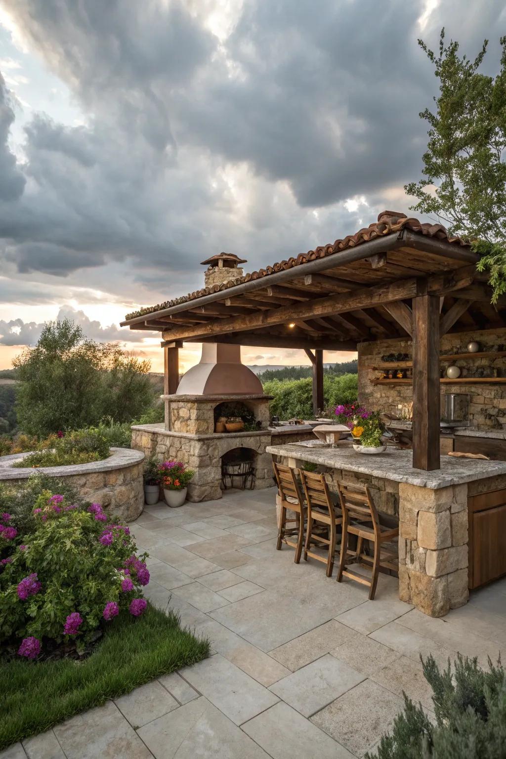 A stone outdoor kitchen adds a culinary touch to the patio.