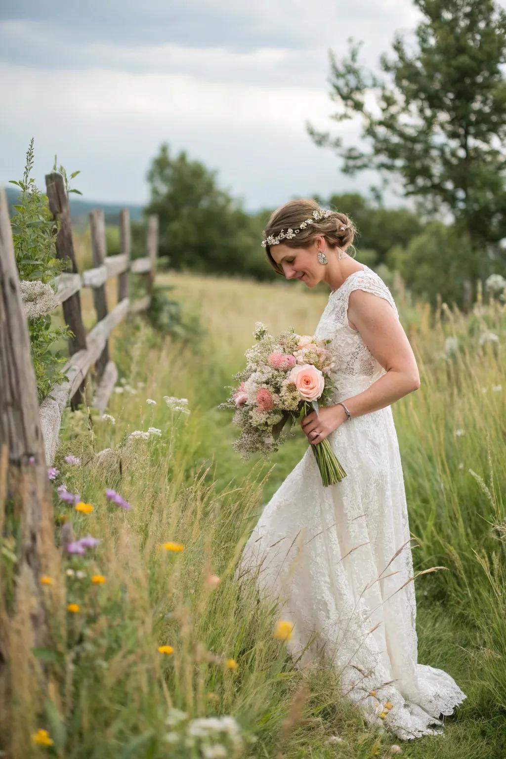 A bride appearing stunning in a casual sheer wedding gown set against a countryside backdrop.