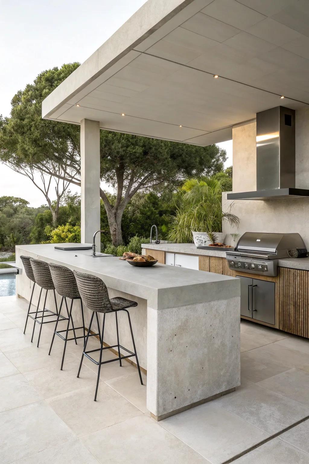 A minimalist concrete design for an elegant and modern outdoor cooking area.