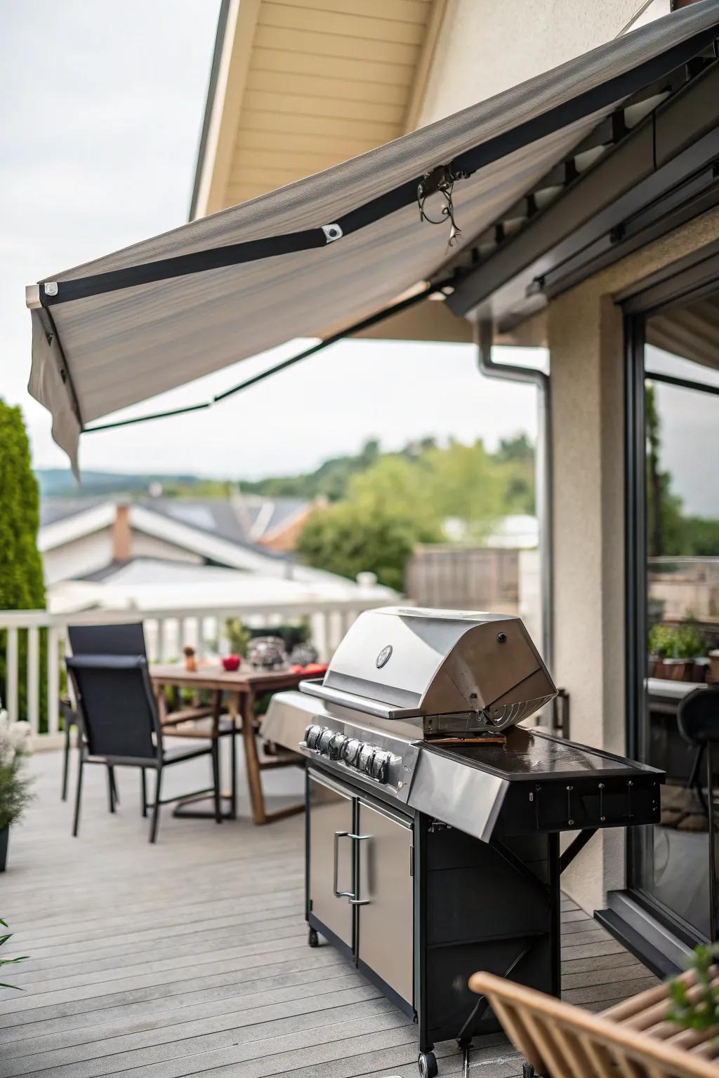 A versatile folding shield offering shade for a grilling space.