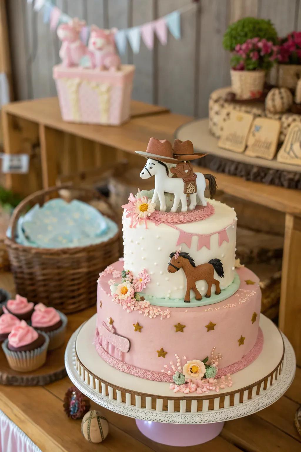 Horse figures contribute a whimsical and joyful touch to this cowgirl baby shower cake.