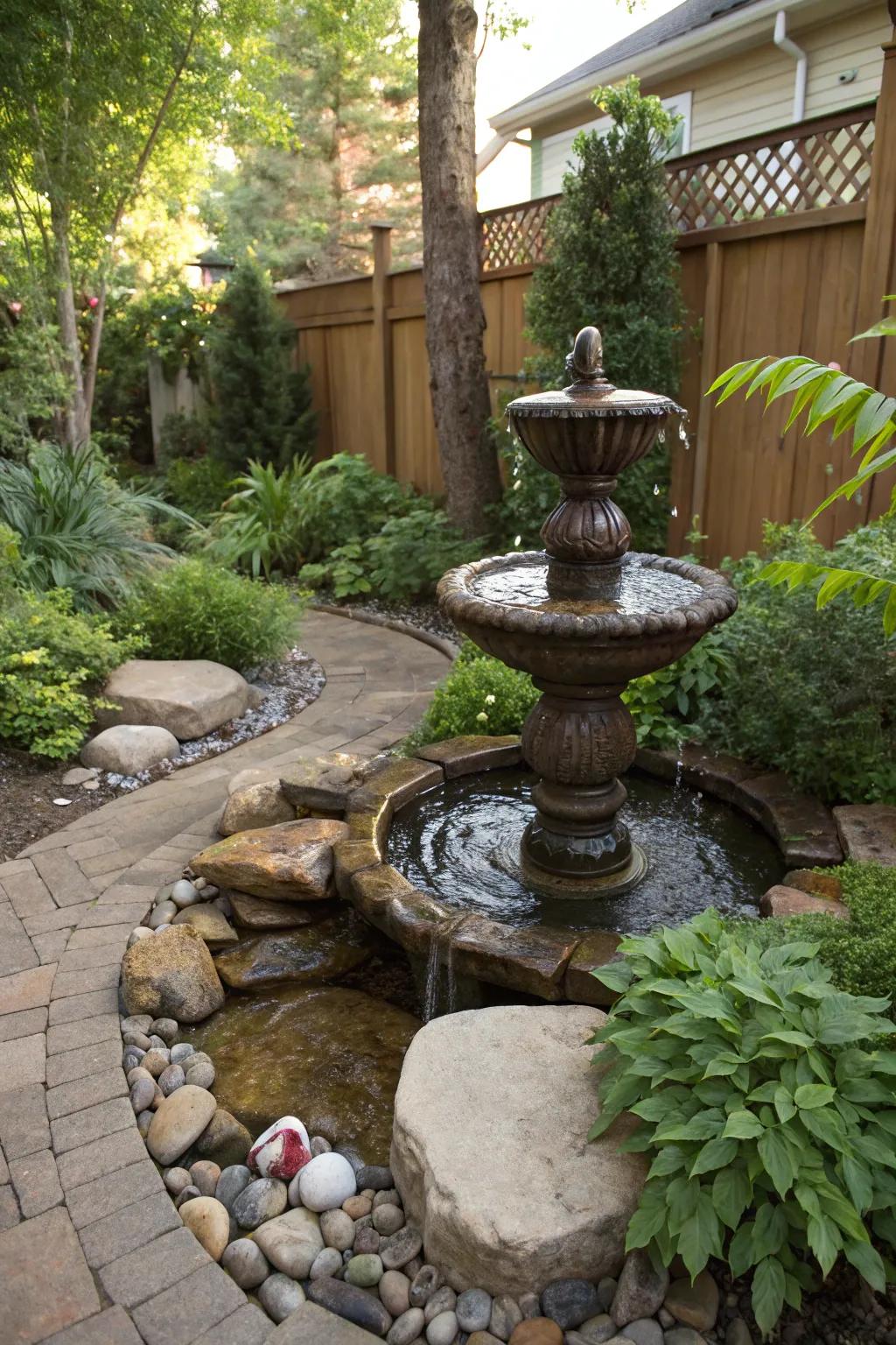 Water elements bring tranquility to outdoor spaces.