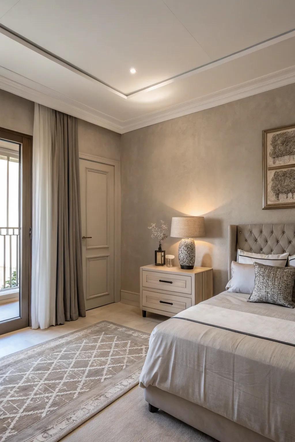 A tranquil bedroom with beige walls and a stripped-down decor approach.