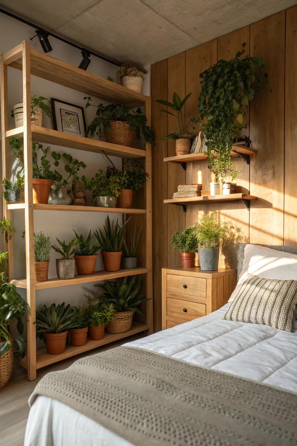 Wood shelves offer an elegant way to display your plant collection.