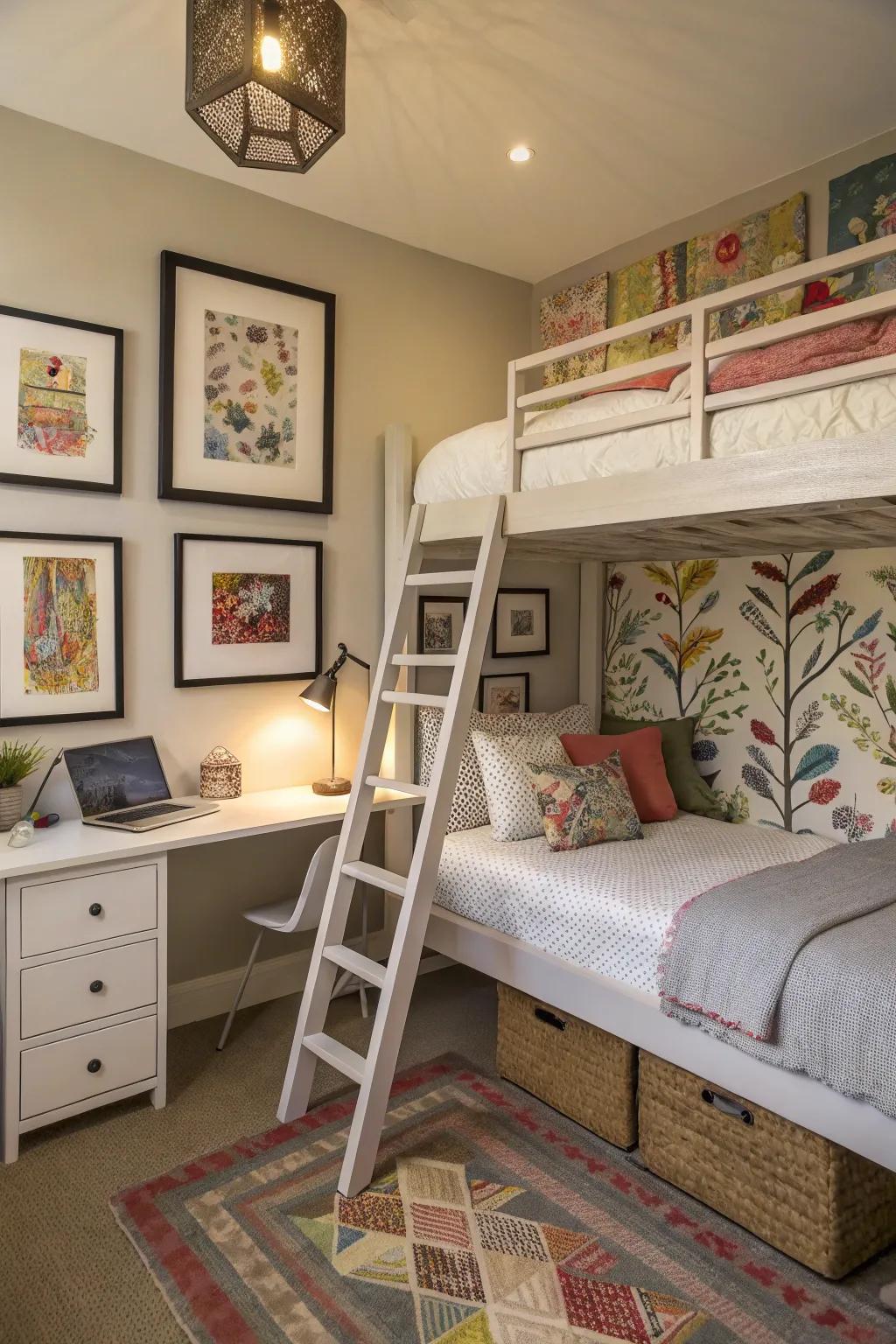 A creative loft bedroom with artistic touches and a loft bed.
