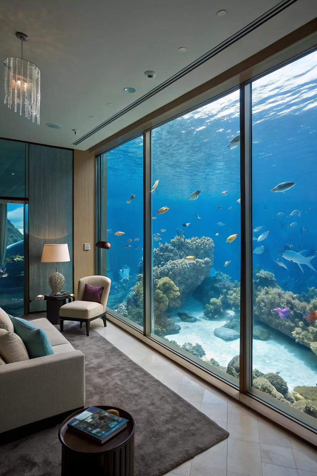 An underwater room that presents a serene view of marine life.