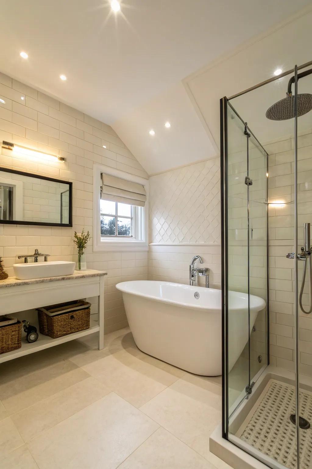 A standalone bath incorporates an element of luxury into this cream bathroom.