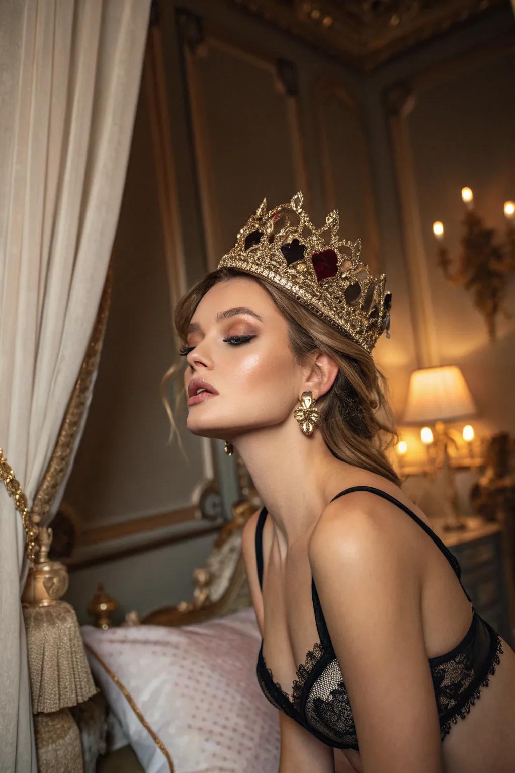 A grand crown bestows a regal vibe upon the boudoir.