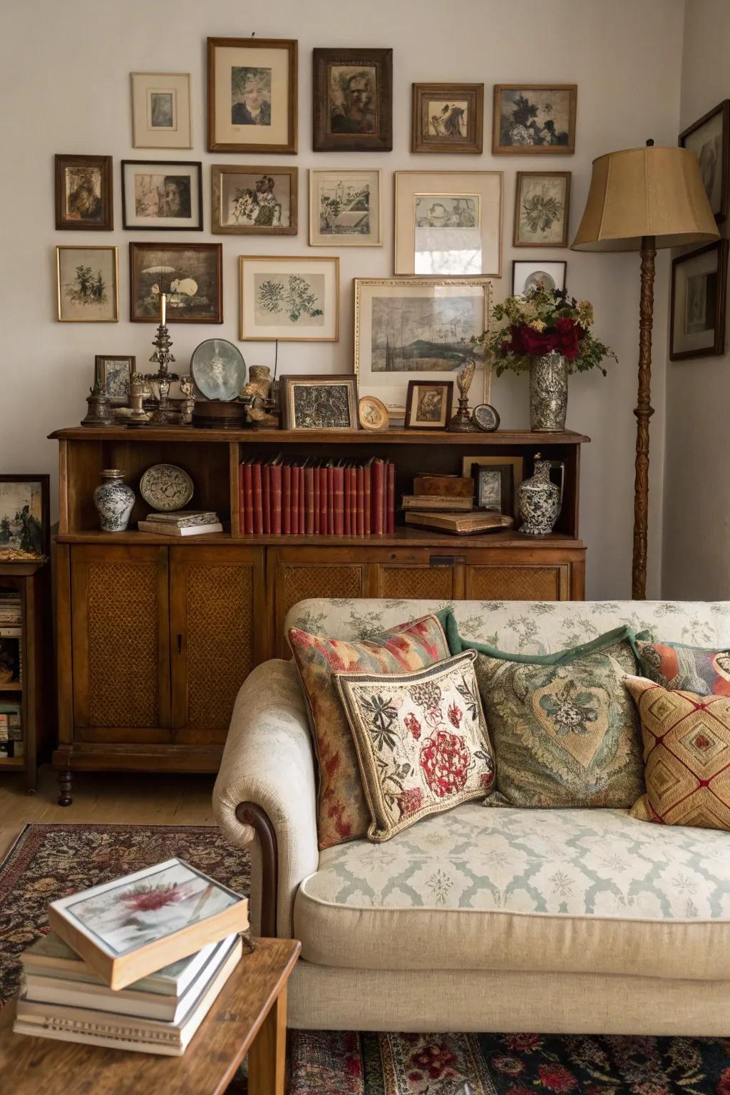 A vintage-themed sideboard setup adds ageless charm.