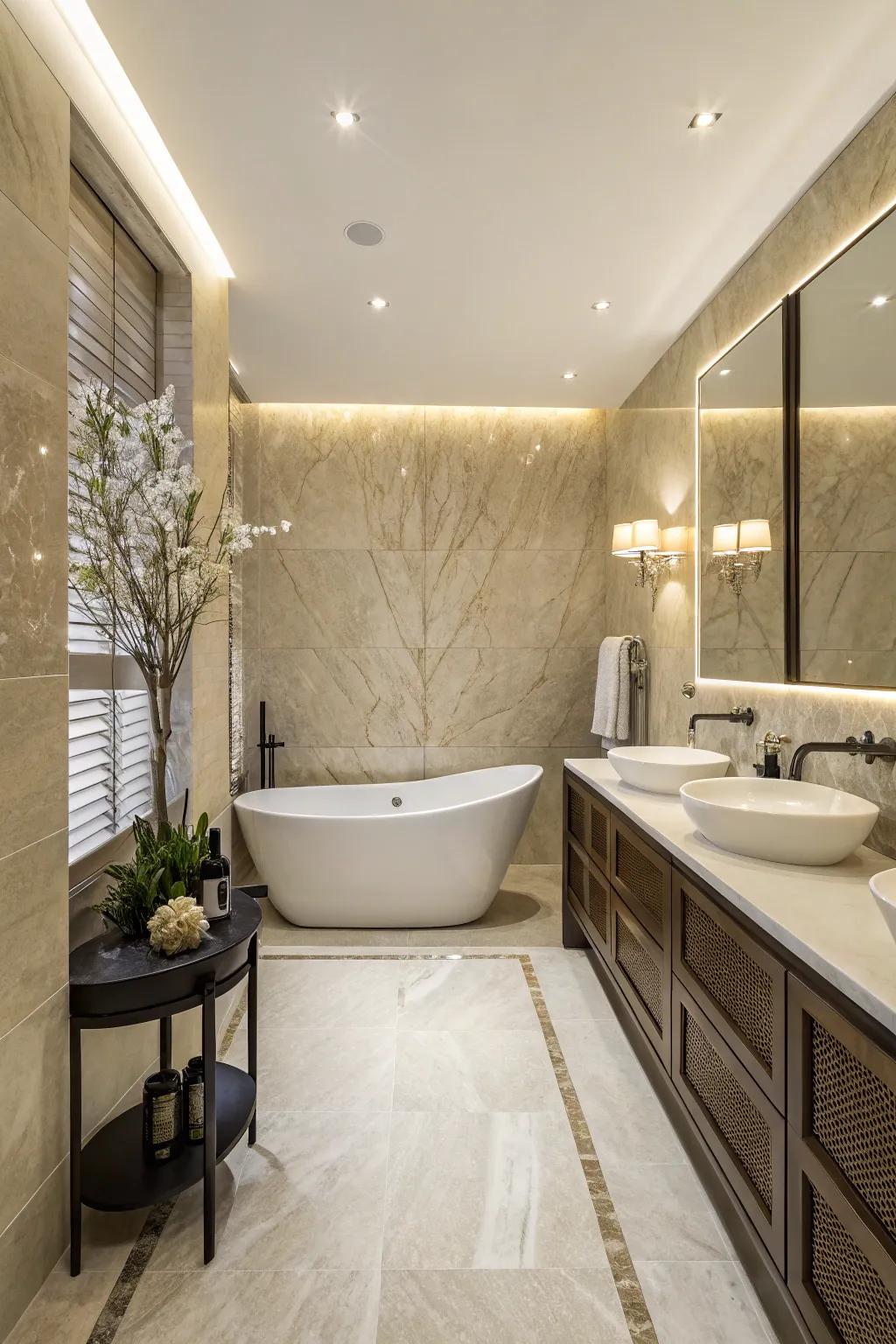 An ivory dream showcase wall injects extravagance into any bathroom.