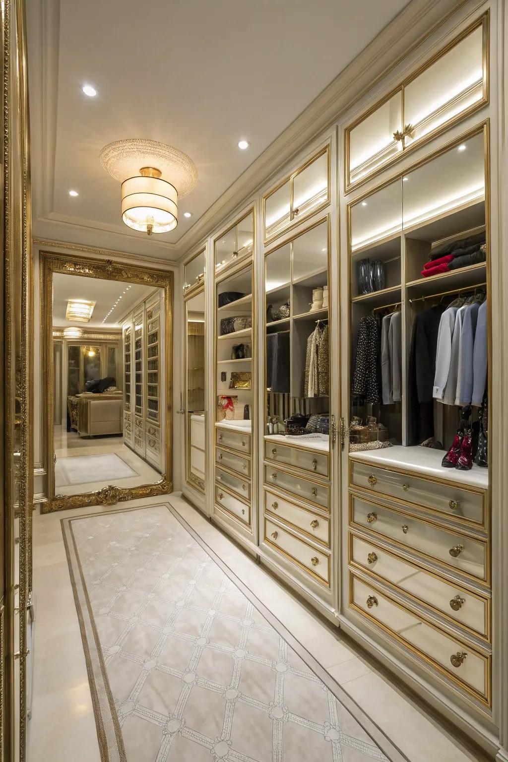 Reflective walls enhance your closet by adding depth and practicality.