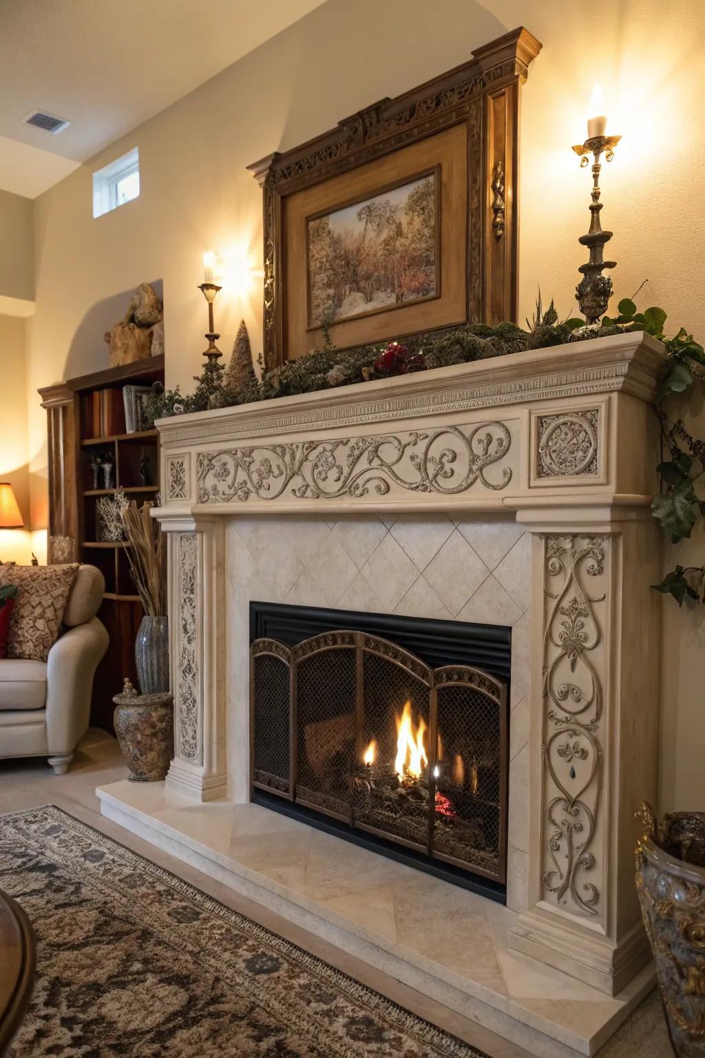 An artistic mantelpiece that transforms the fireplace into a striking focal point.