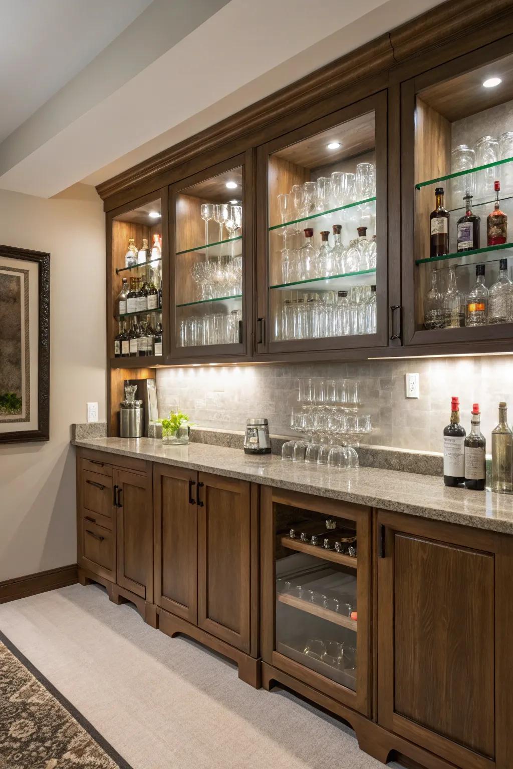 Practical storage featuring built-in shelves and cabinets in a home bar.