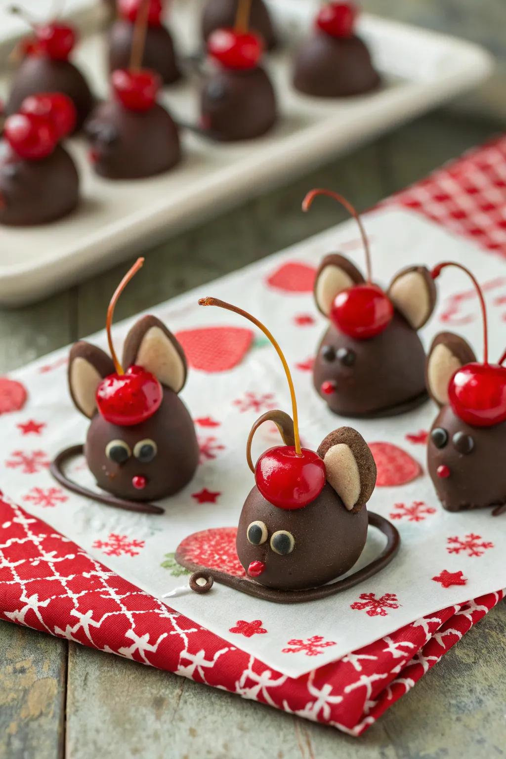 Charming chocolate-dipped cherry rodents that introduce a playful twist to holiday goodies.