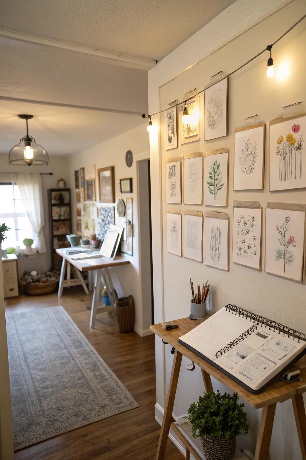A sketchbook display infusing an artistic vibe into a home studio.
