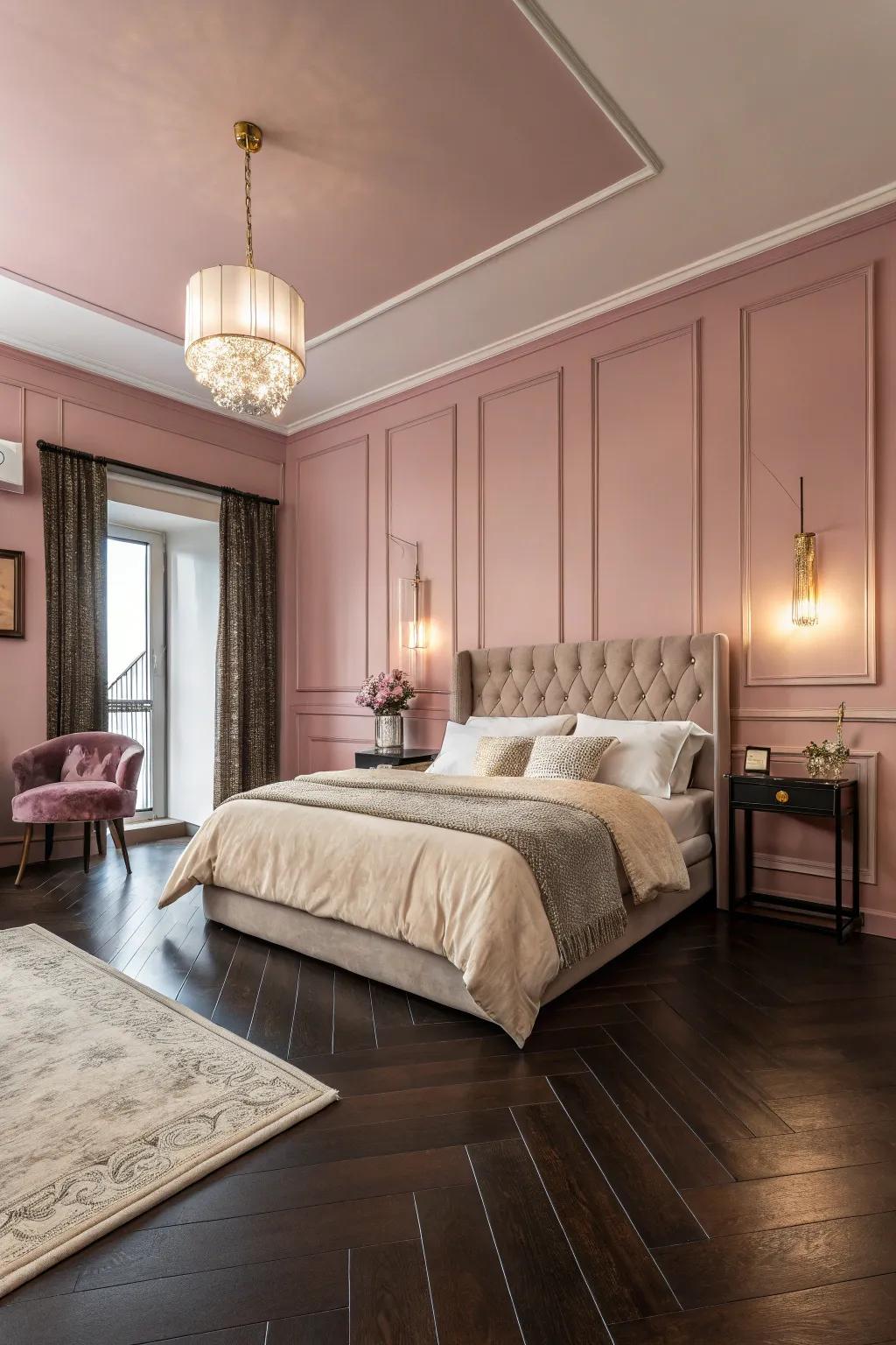 Pinkish-red walls add a loving and polished touch.
