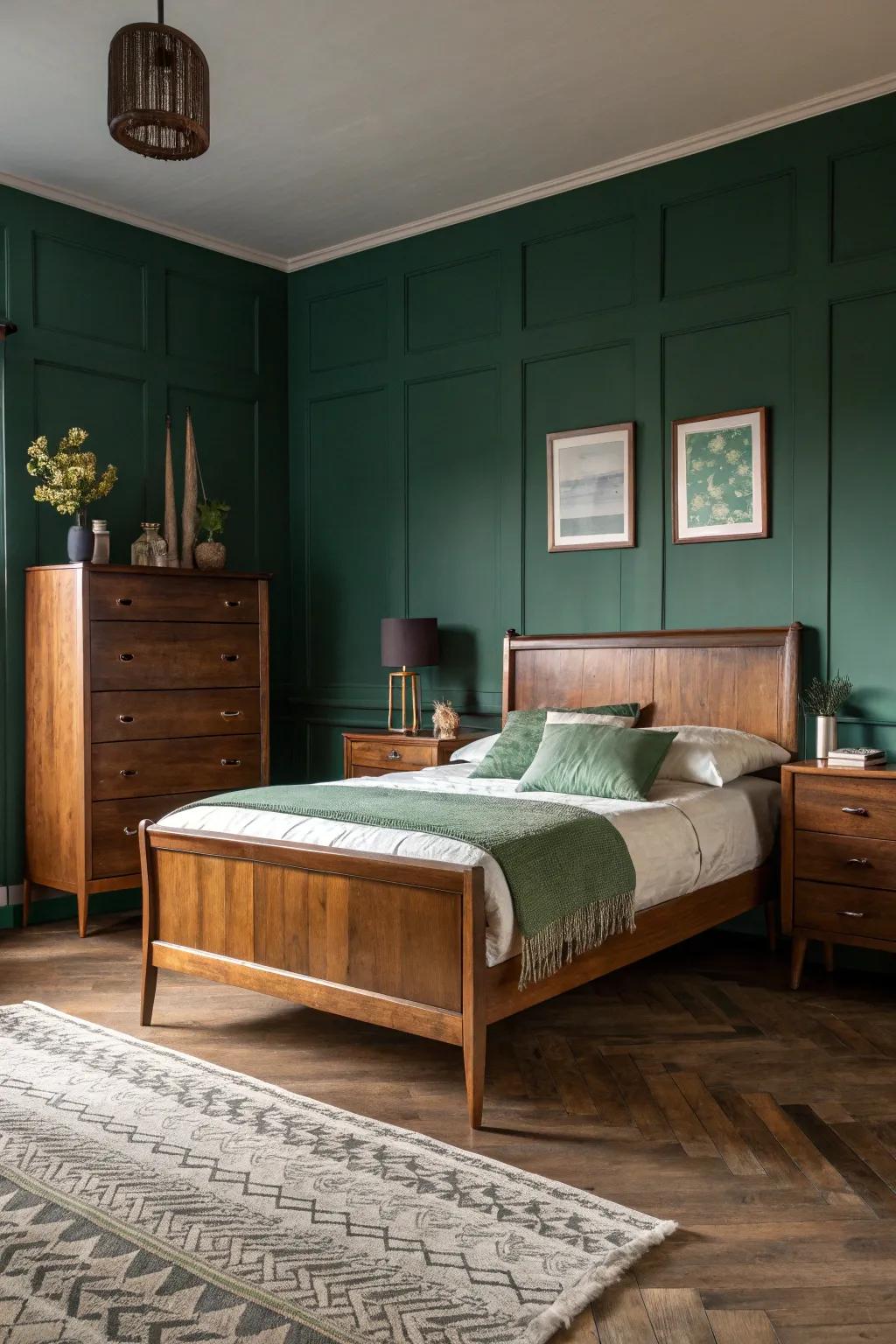 A shadowy jade bedroom featuring mid-century modern wood furniture.