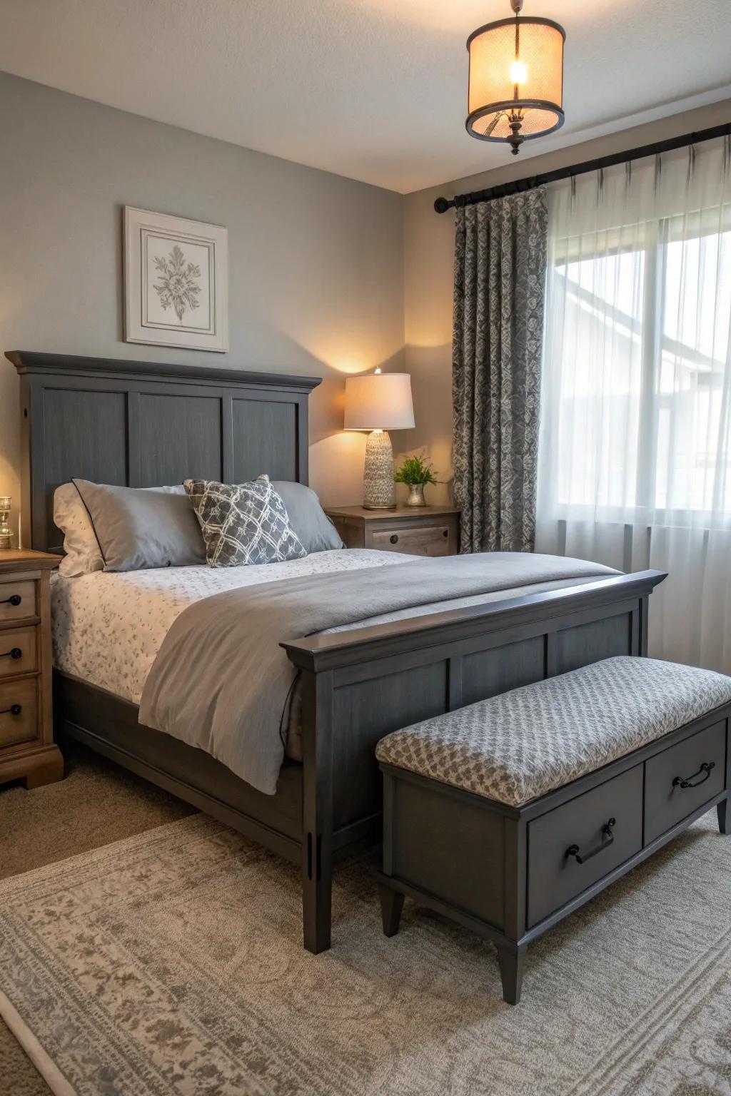 Useful furnishings enhance the deep charcoal bedstead.