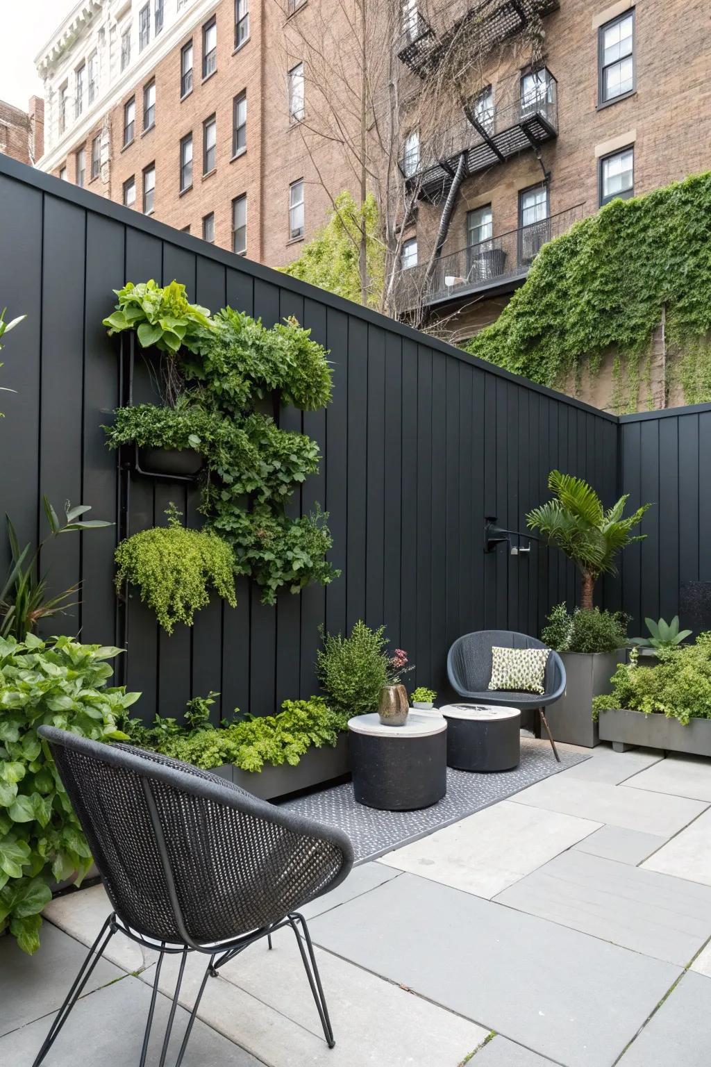 An urban escape featuring a deep charcoal fence and a vibrant living wall.