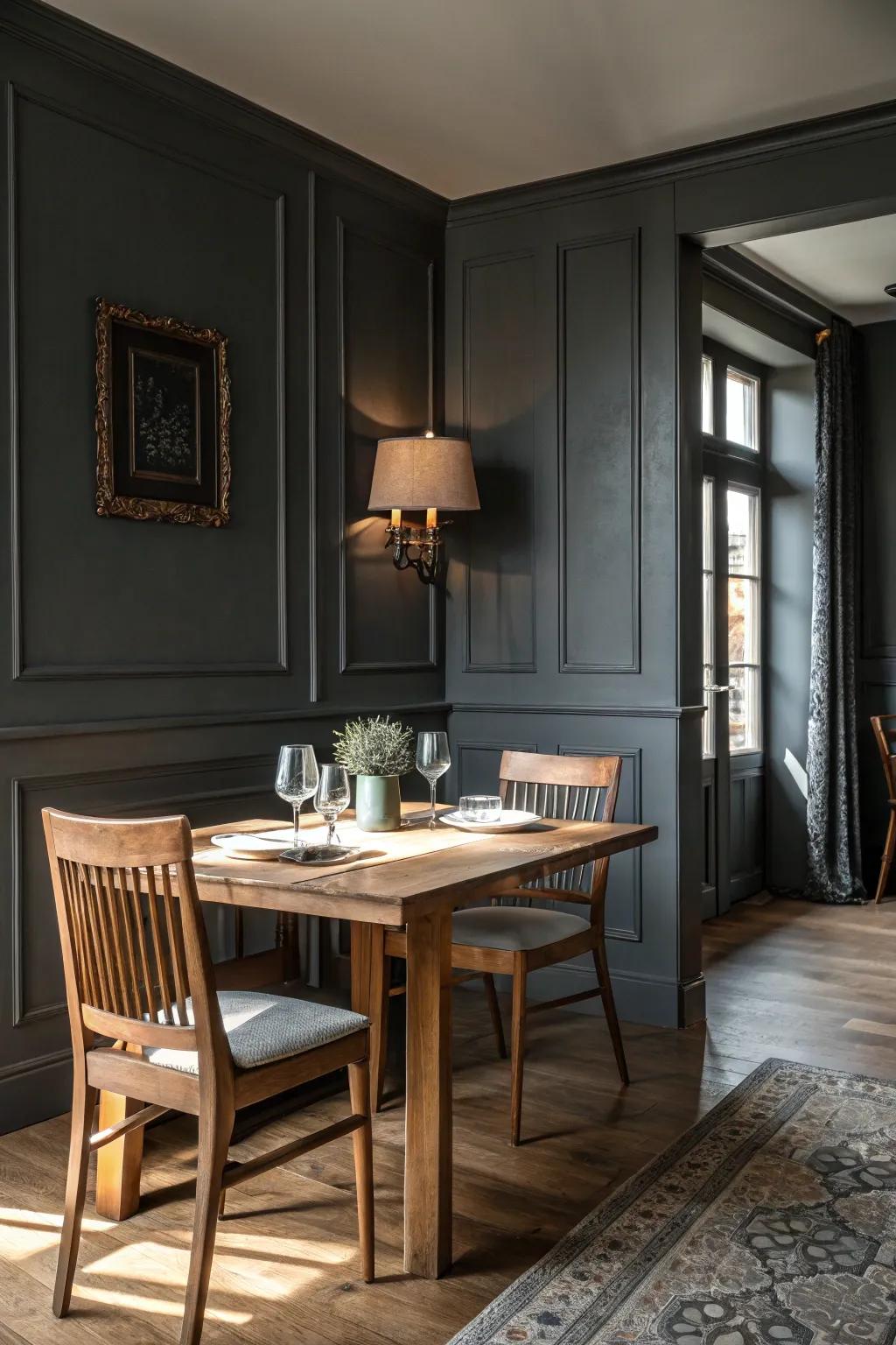 A sophisticated dining space highlighted by dark grey.